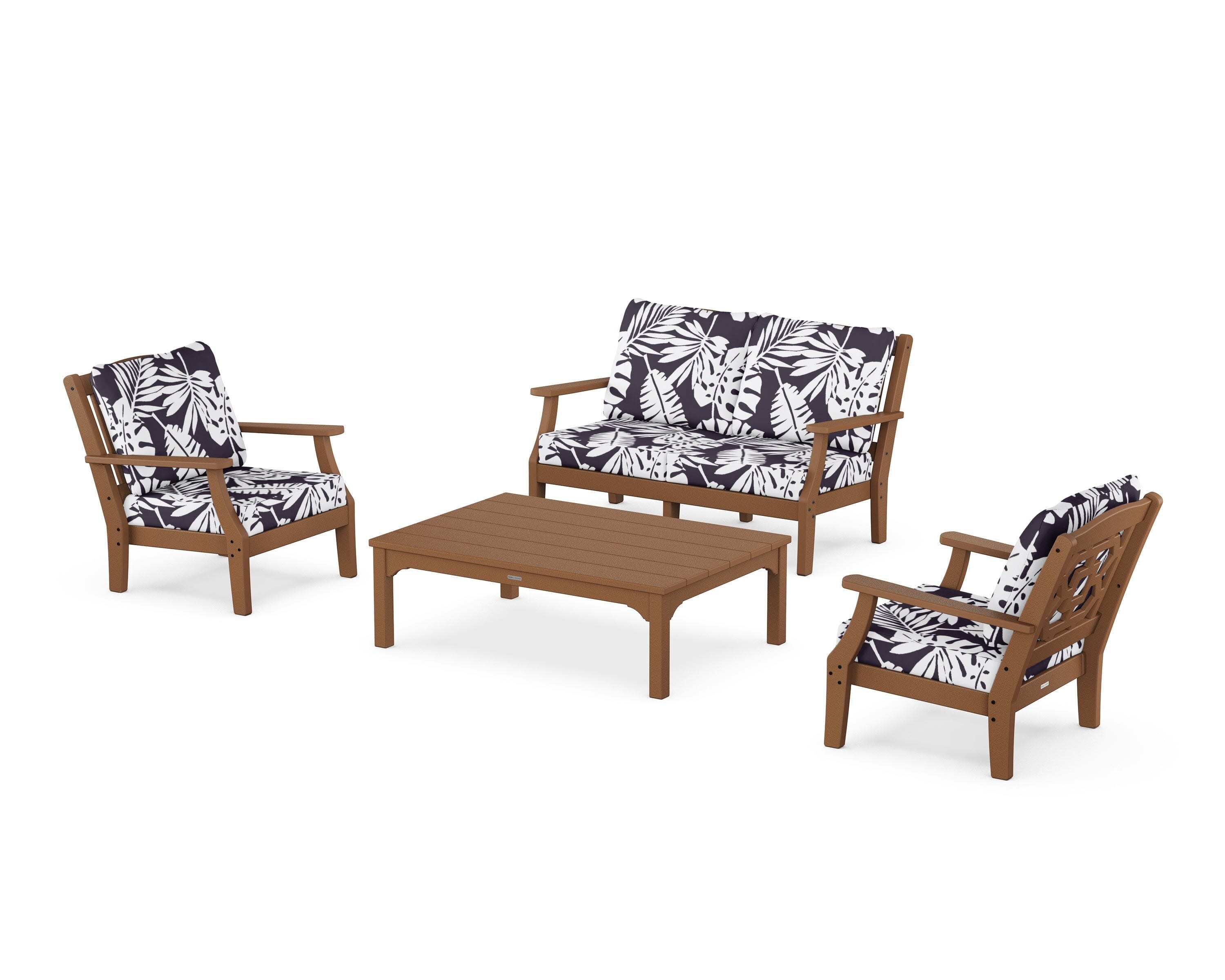 Chinoiserie 4-Piece Deep Seating Set with Loveseat in Teak / Leaf Navy