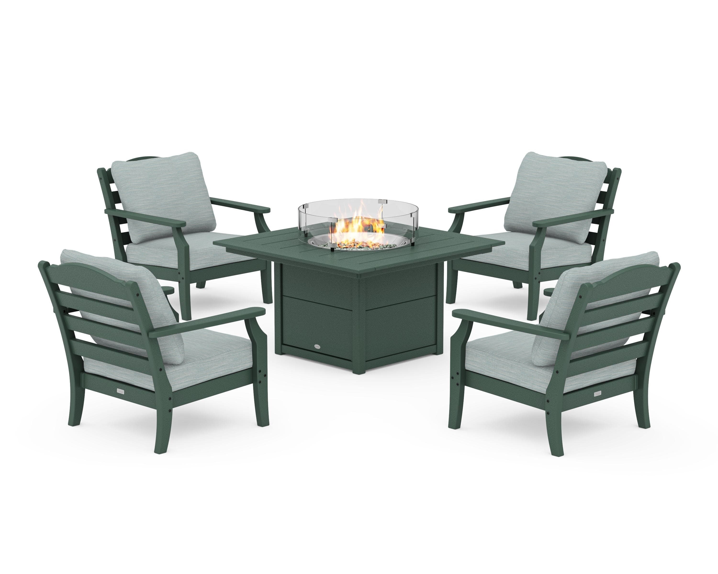 Savannah 5-Piece Deep Seating Set with Fire Pit Table in Green / Soothe Mist