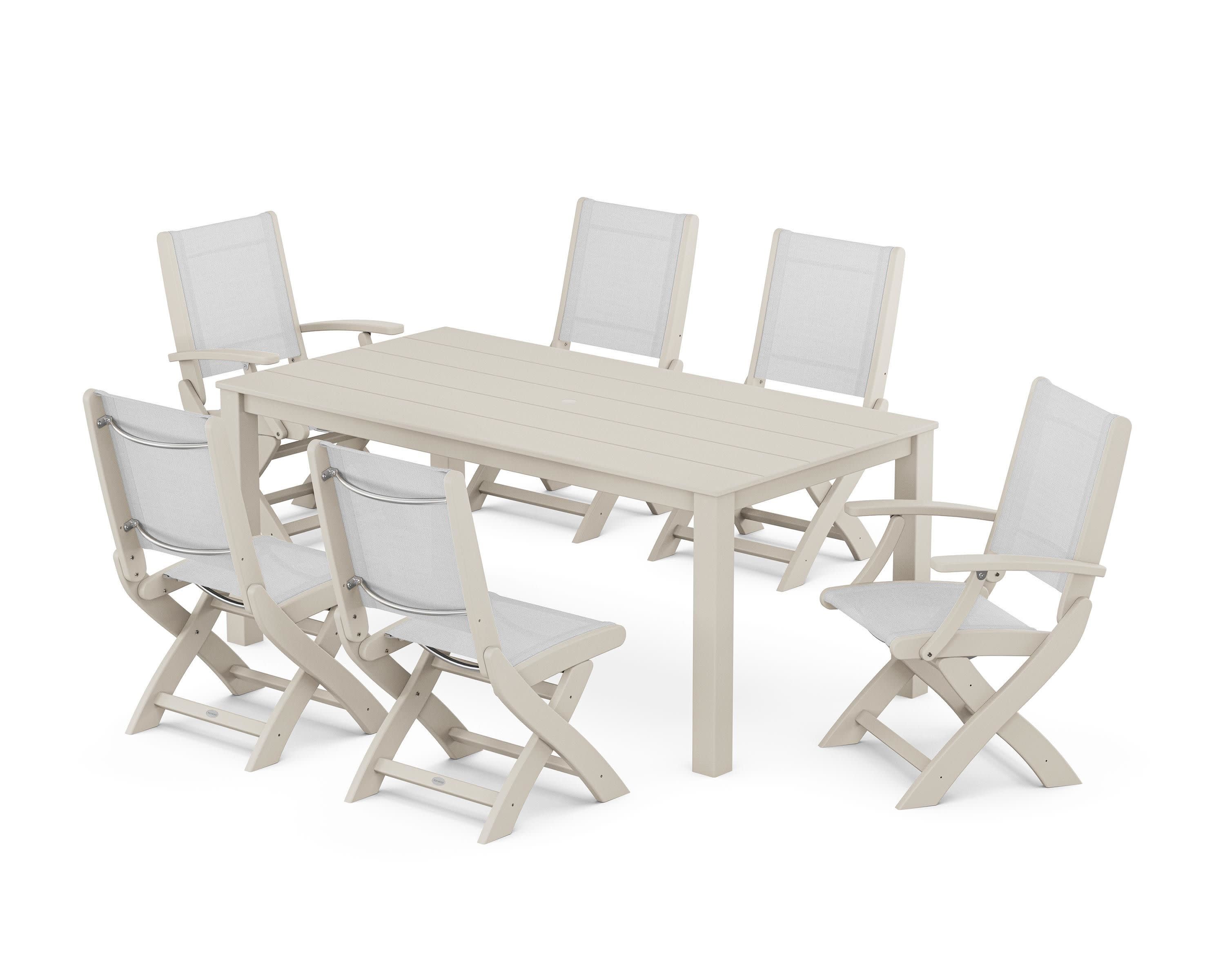 Coastal Folding Chair 7-Piece Parsons Dining Set in Sand / White Sling