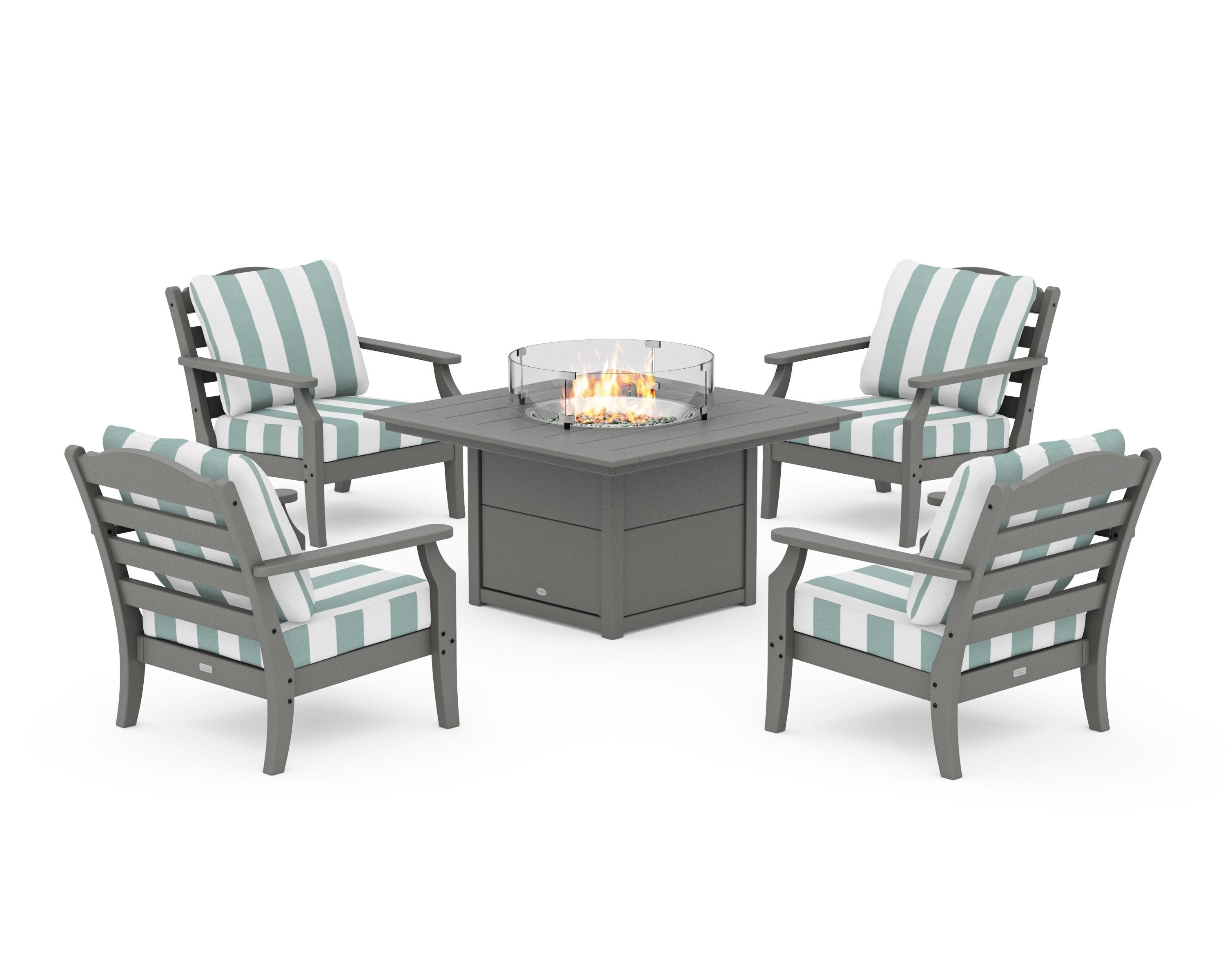 Savannah 5-Piece Deep Seating Set with Fire Pit Table in Slate Grey / Cabana Stripe Glacier Spa