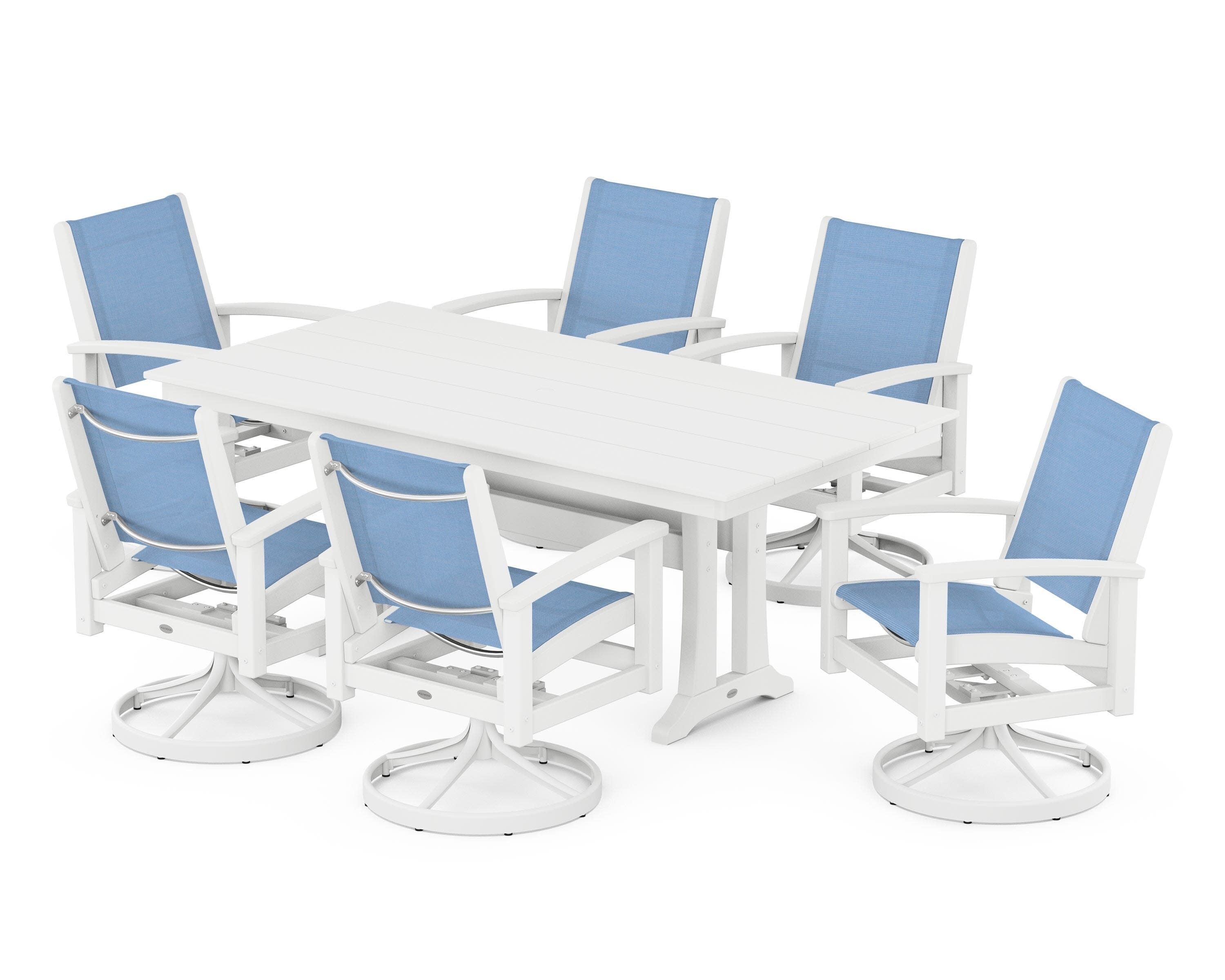 7 Piece Coastal Swivel Rocker Dining Set in Satin White / White / Poolside Sling