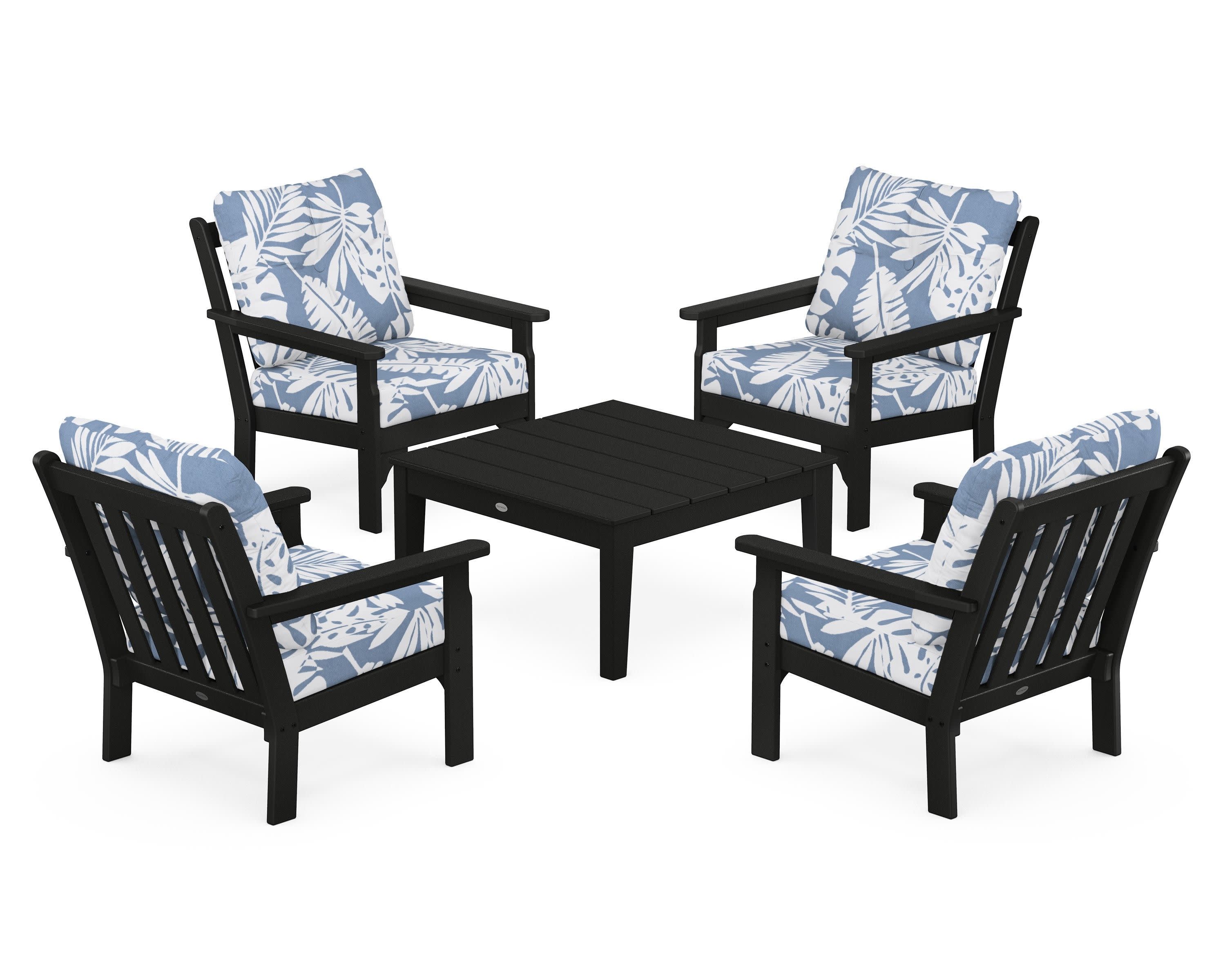 Vineyard 5-Piece Deep Seating Conversation Set in Black / Leaf Sky Blue