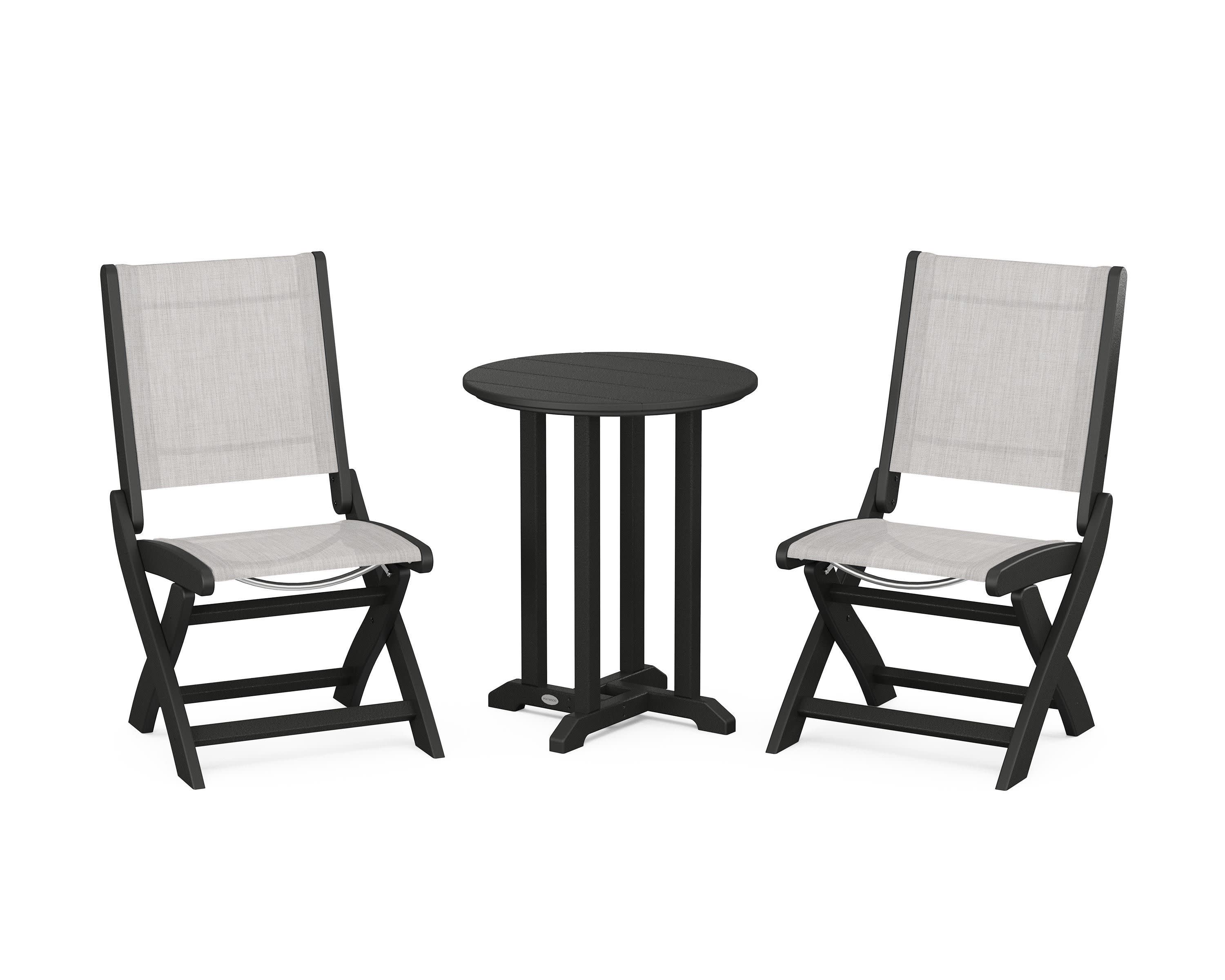 Coastal Folding Side Chair 3-Piece Round Bistro Dining Set in Black / Parchment Sling