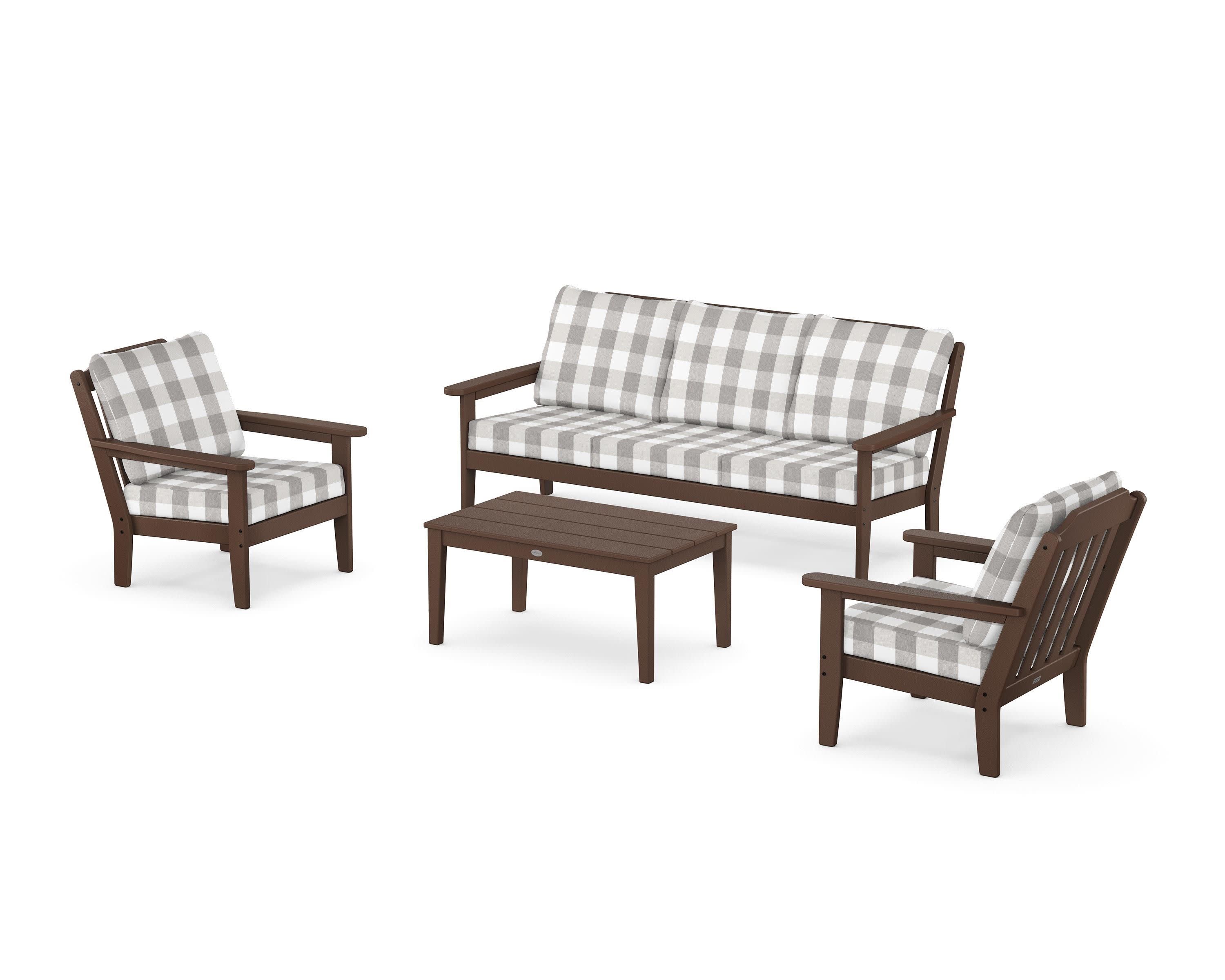 Cottage 4-Piece Deep Seating Set with Sofa in Mahogany / Buffalo Plaid Grey Mist