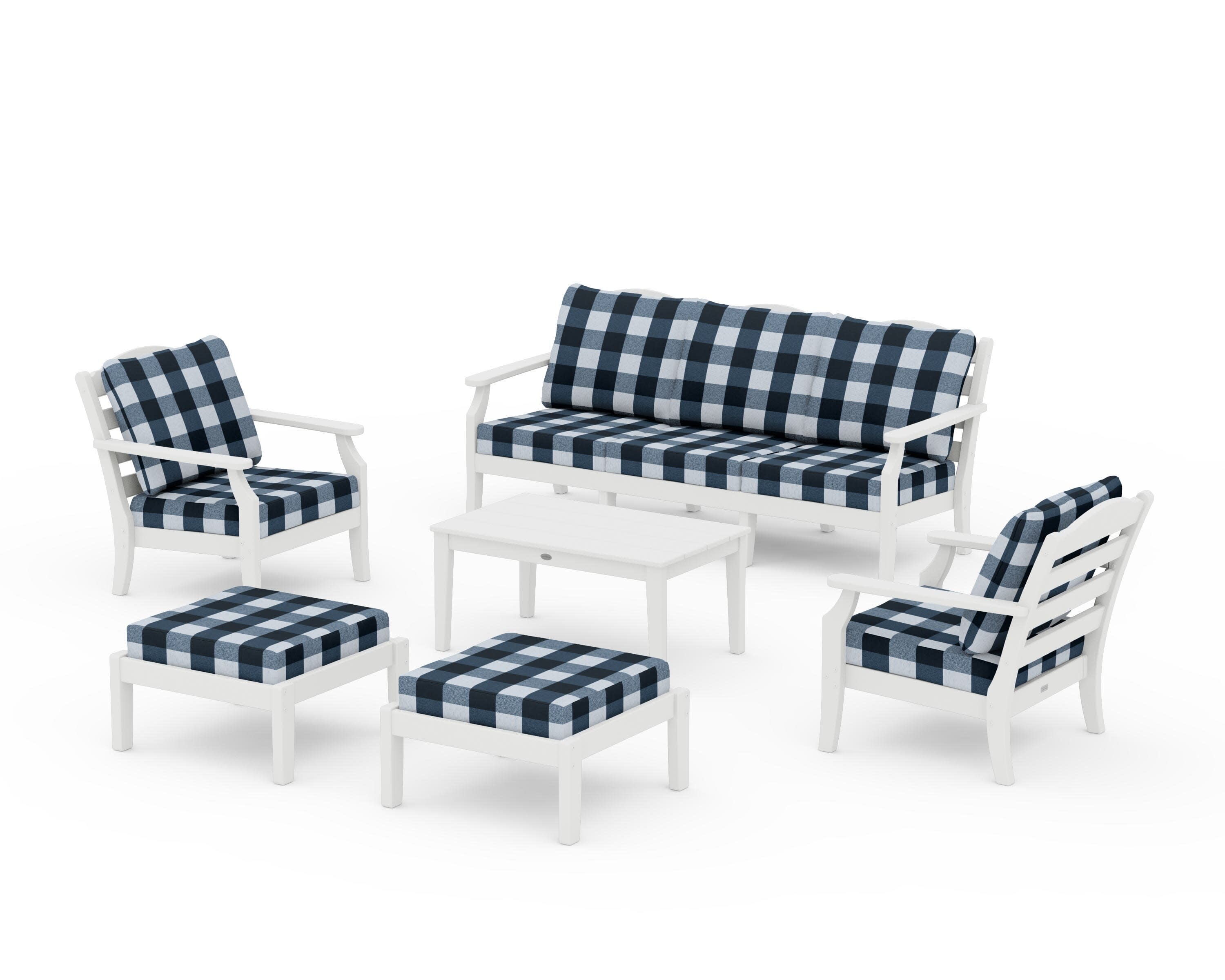 Savannah 6-Piece Lounge Sofa Set in Vintage White / Buffalo Plaid Marine Indigo