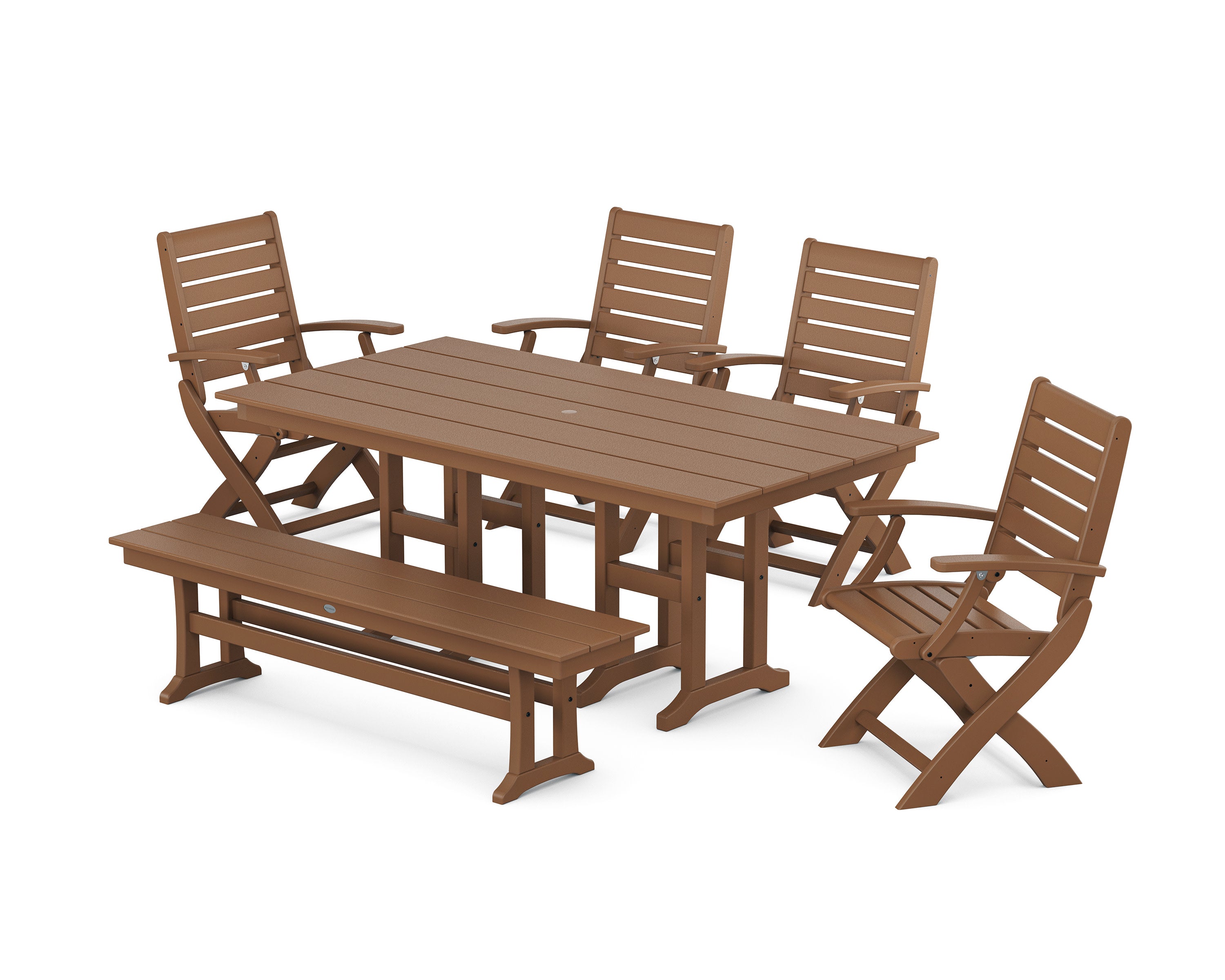 Signature Folding Chair 6-Piece Farmhouse Dining Set with Bench in Teak