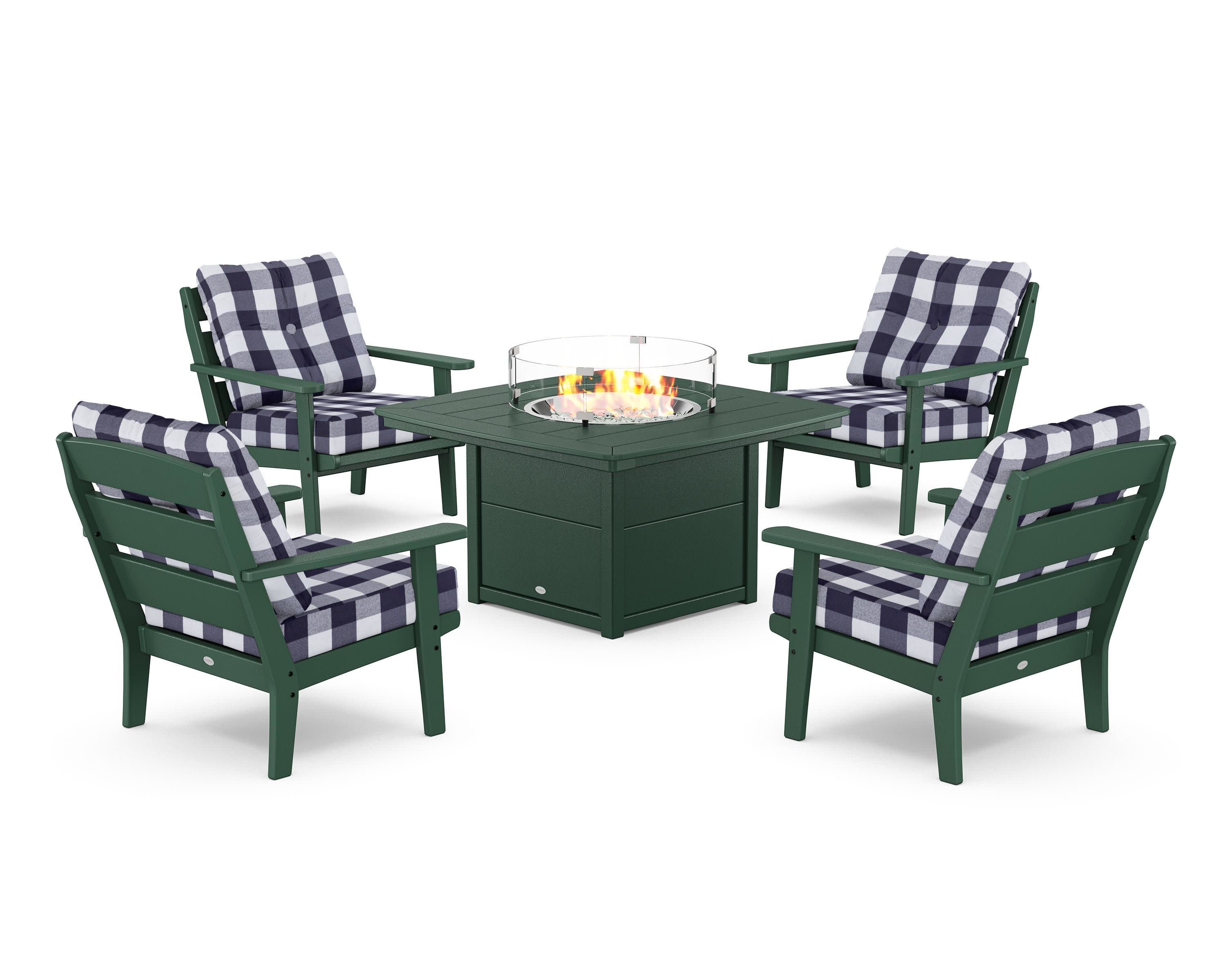 Lakeside 5-Piece Deep Seating Set with Nautical Fire Pit Table in Green / Buffalo Plaid Navy