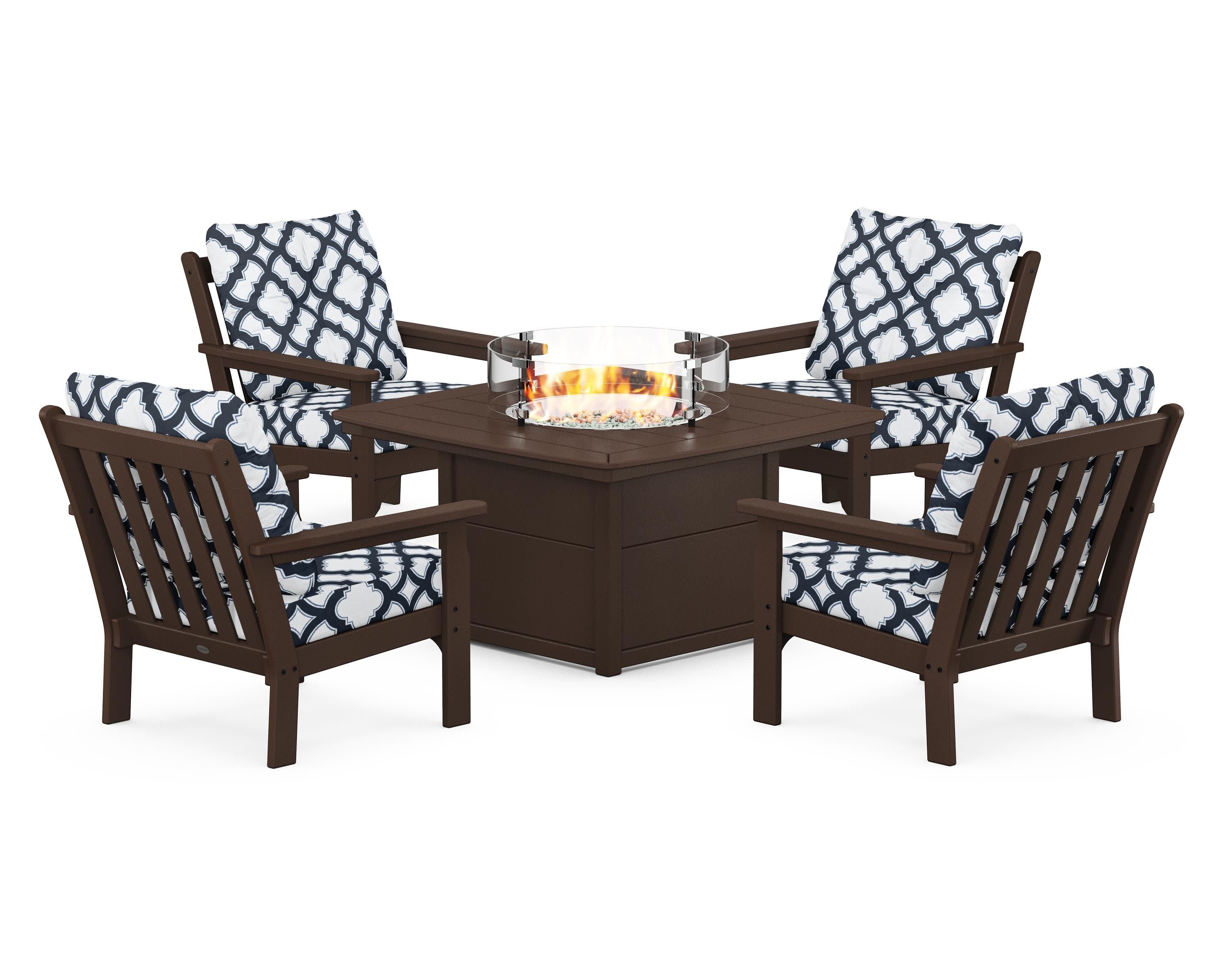 Vineyard 5-Piece Conversation Set with Fire Pit Table in Mahogany / Trellis Marine Indigo