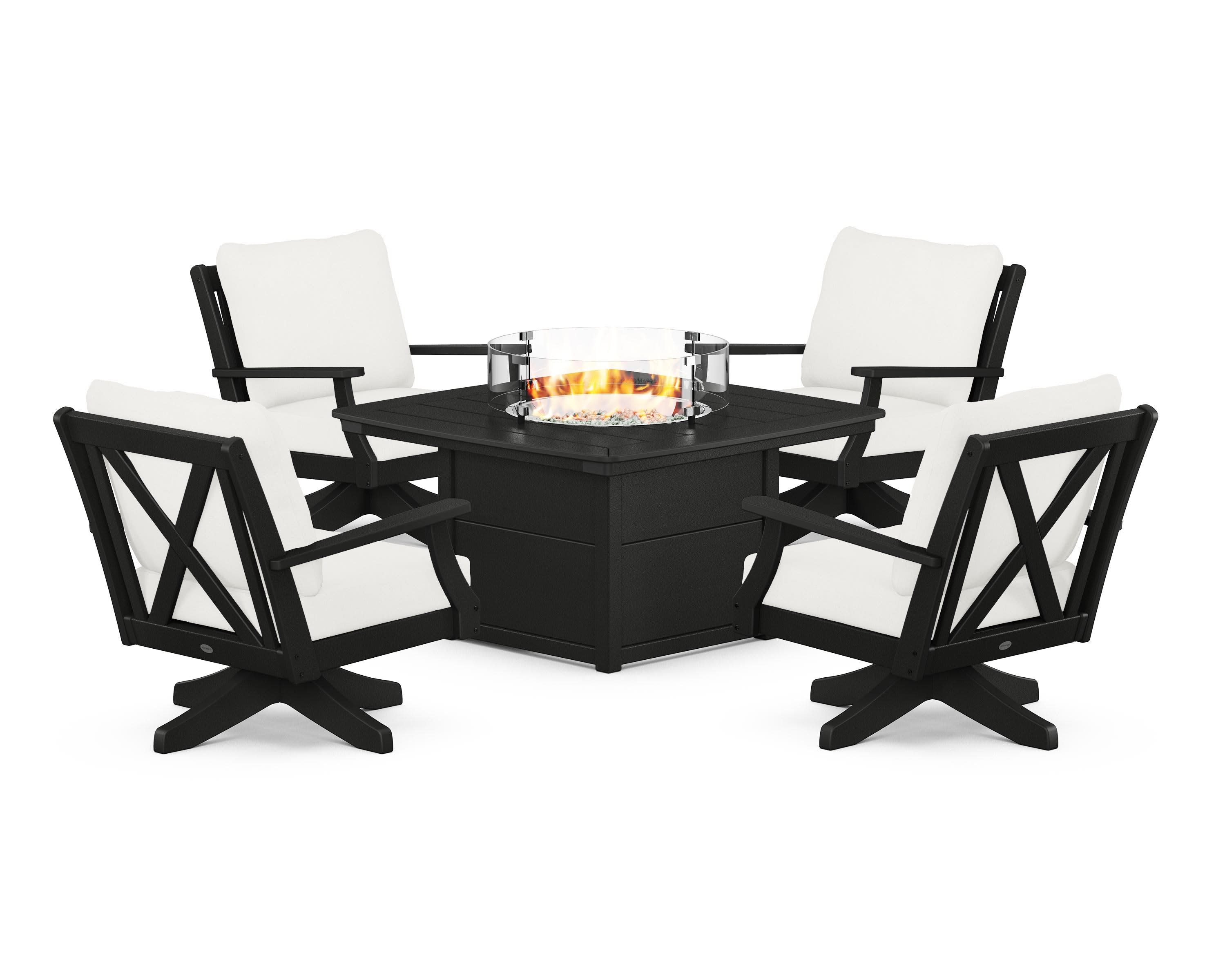 Braxton 5-Piece Deep Seating Swivel Conversation Set with Fire Pit Table in Black / Natural Linen