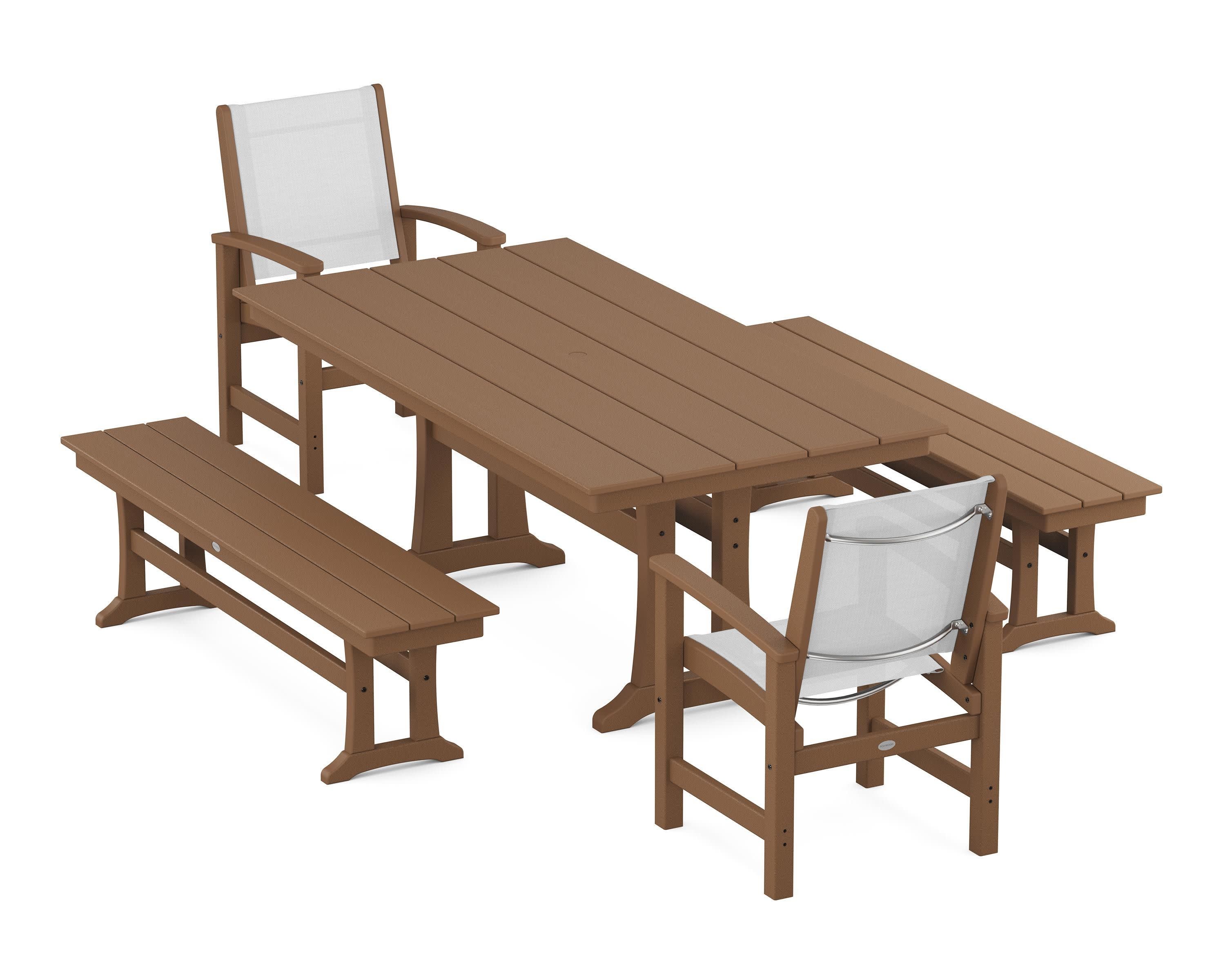 Coastal 5-Piece Farmhouse Dining Set with Trestle Legs and Benches in Teak / White Sling