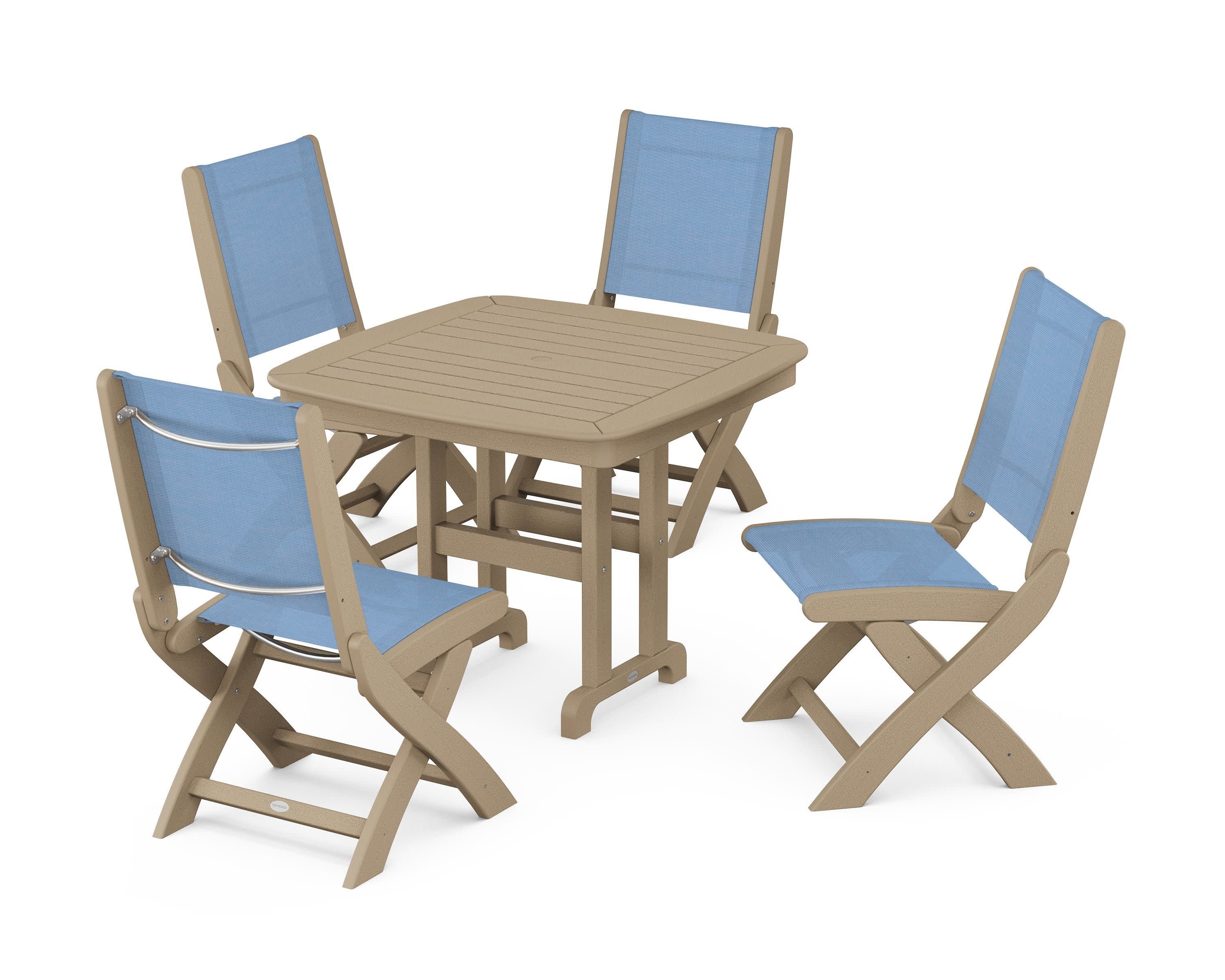 Coastal Folding Side Chair 5-Piece Dining Set in Vintage Sahara / Poolside Sling
