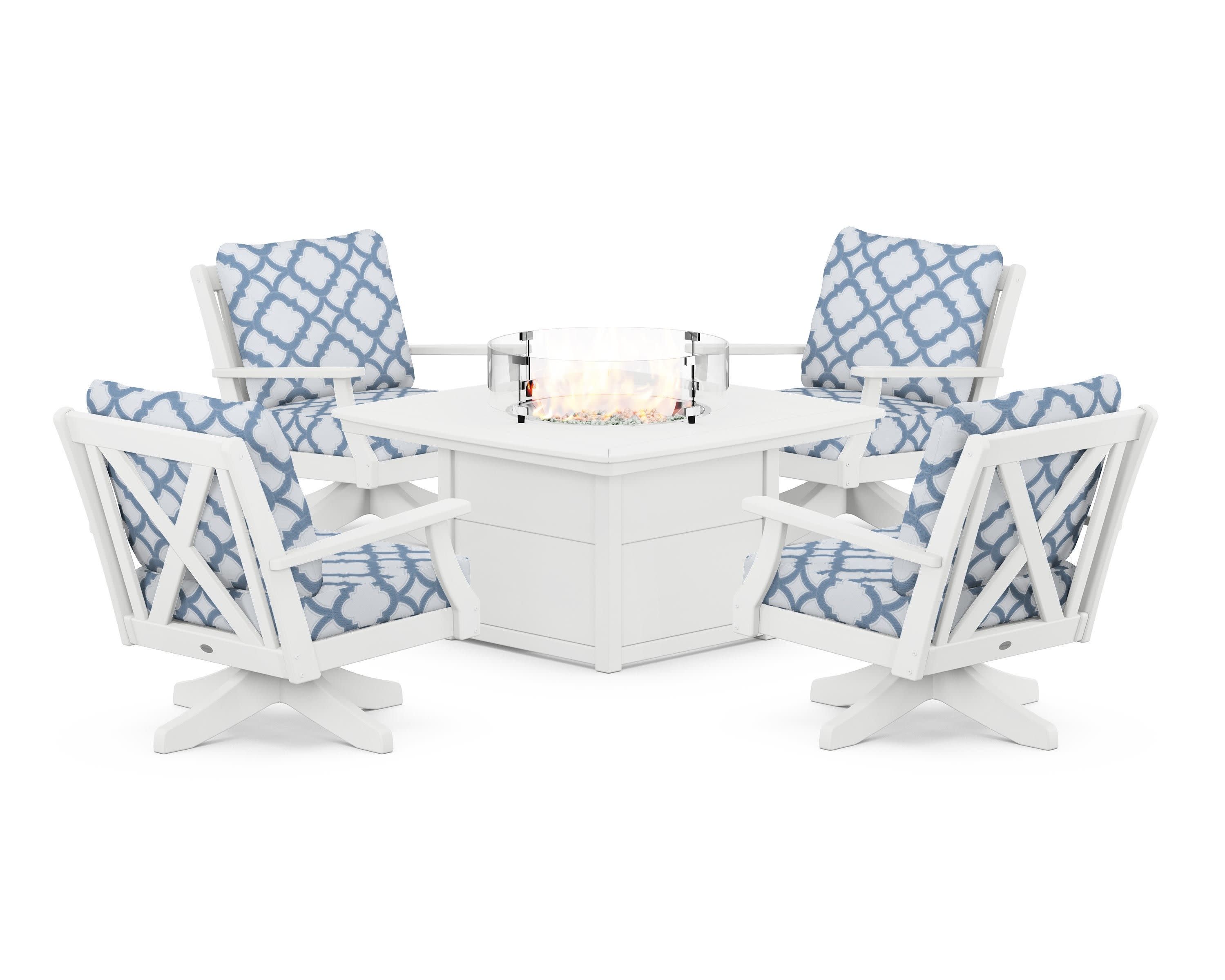 Braxton 5-Piece Deep Seating Swivel Conversation Set with Fire Pit Table in White / Trellis Sky Blue