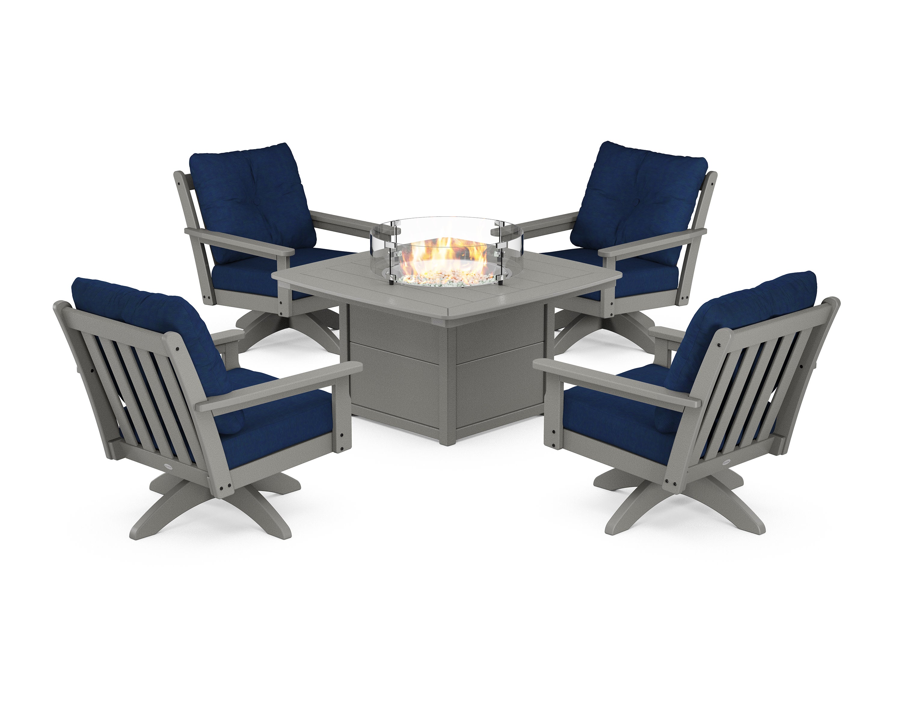 Vineyard 5-Piece Deep Seating Swivel Conversation Set with Fire Pit Table in Slate Grey / Navy