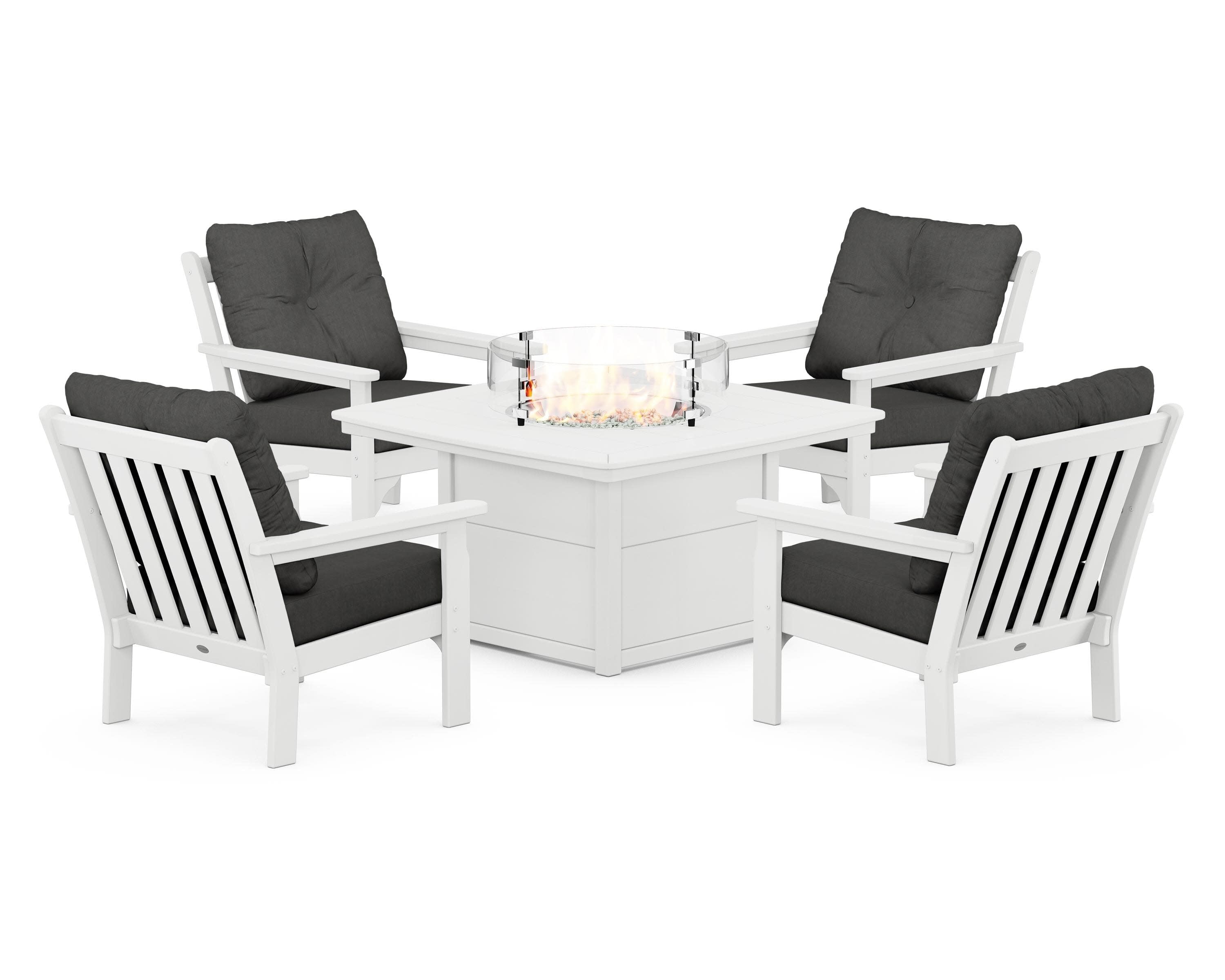 Vineyard 5-Piece Conversation Set with Fire Pit Table in White / Spectrum Carbon