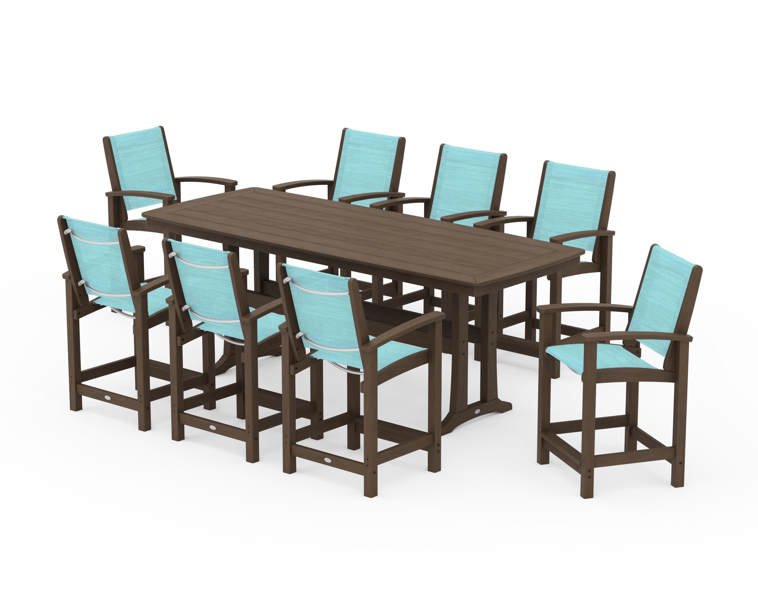Coastal 9-Piece Counter Set with Trestle Legs in Kona / Dupioni Aquamarine Sling
