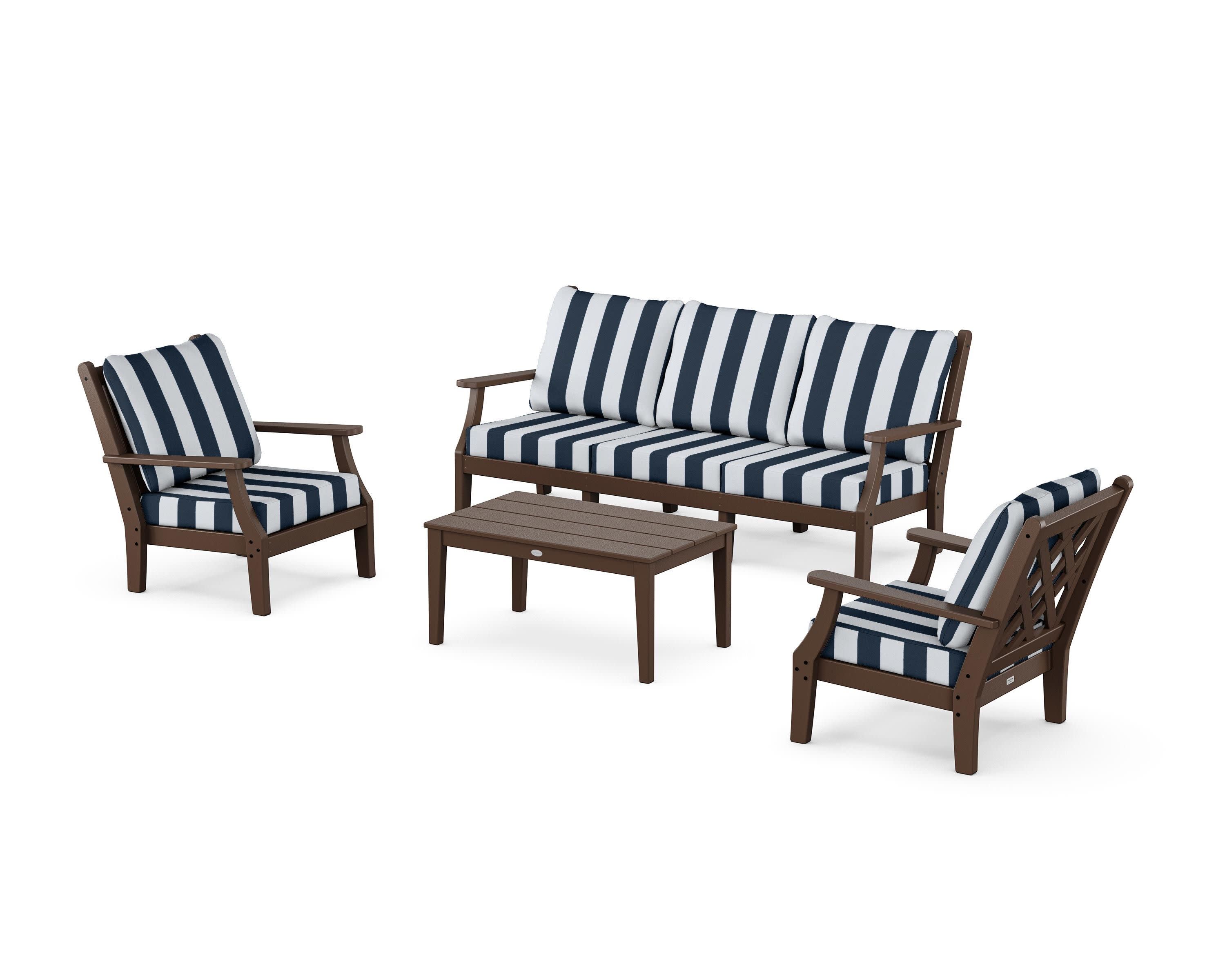 Wovendale 4-Piece Deep Seating Set with Sofa in Mahogany / Cabana Stripe Marine Indigo