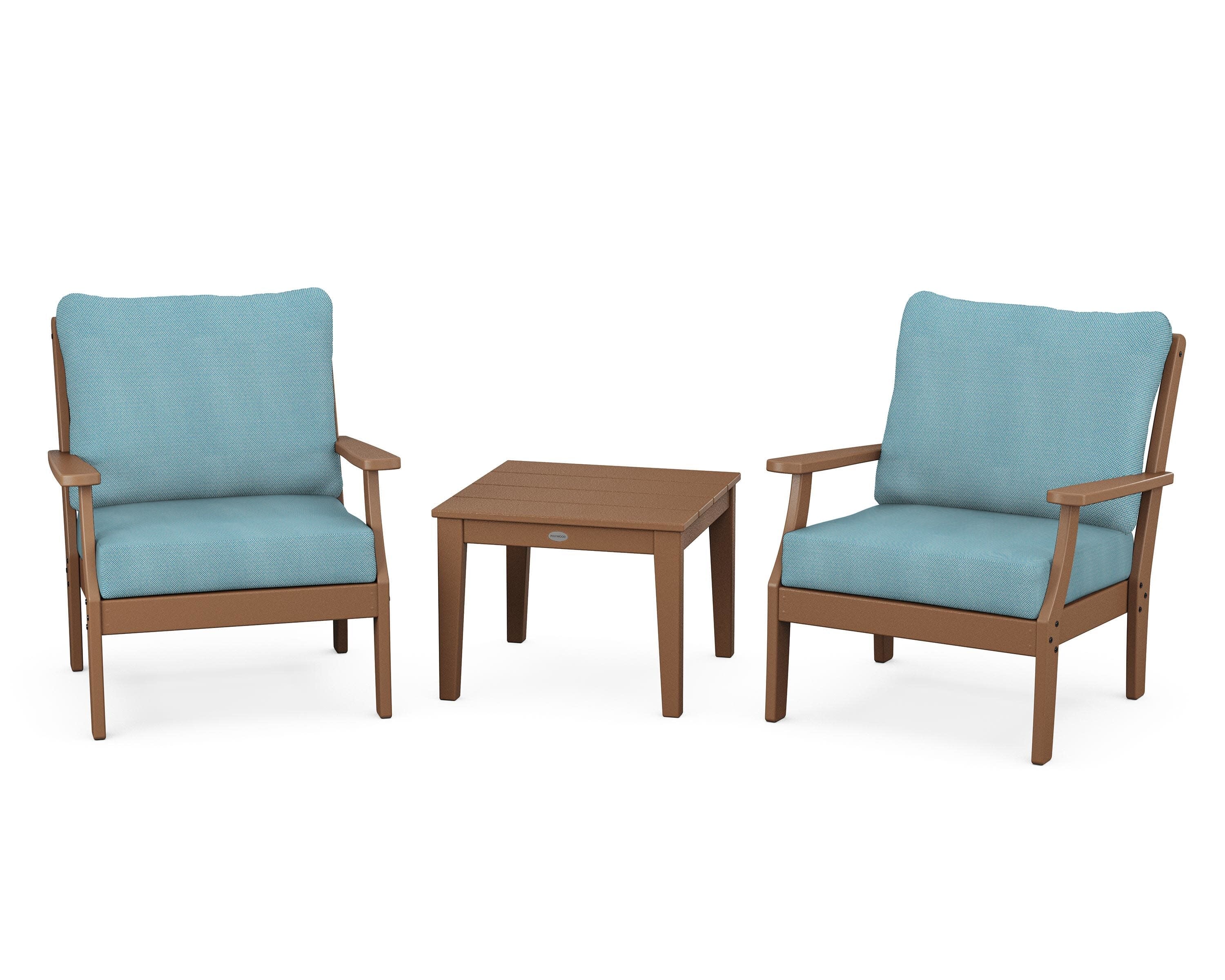 Braxton 3-Piece Deep Seating Set in Teak / Lattice Sky Blue