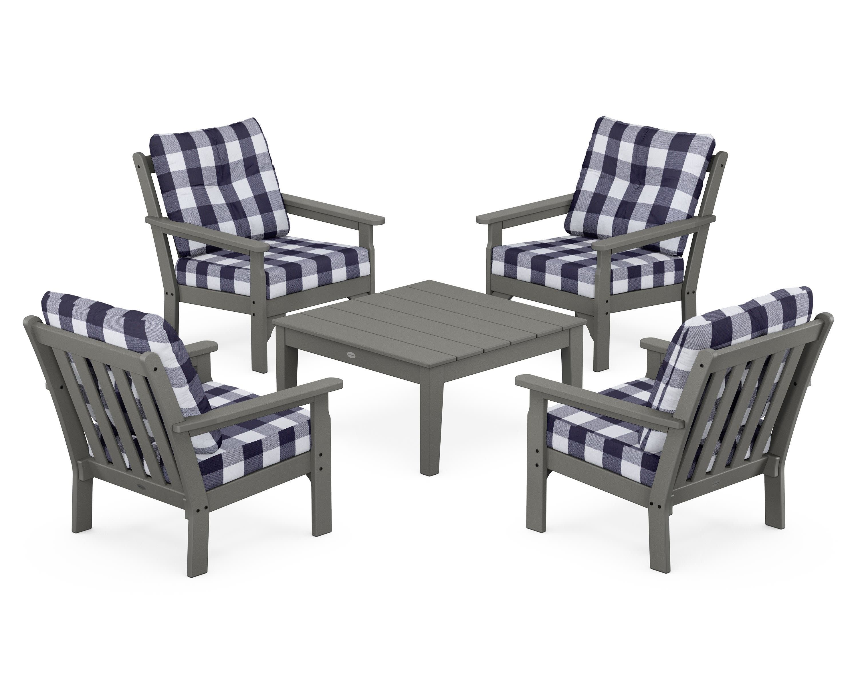 Vineyard 5-Piece Deep Seating Conversation Set in Slate Grey / Buffalo Plaid Navy