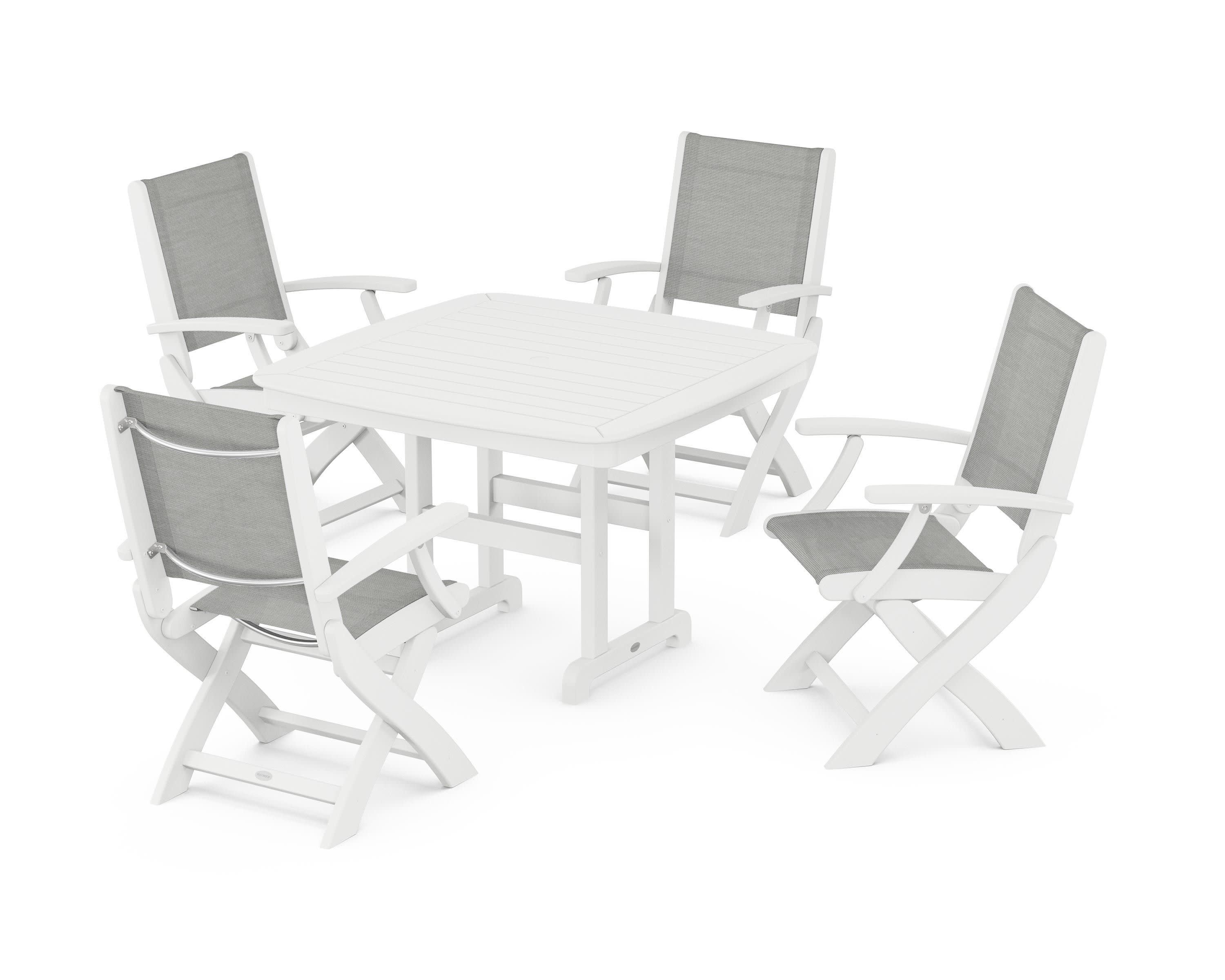 Coastal Folding Chair 5-Piece Dining Set in White / Metallic Sling
