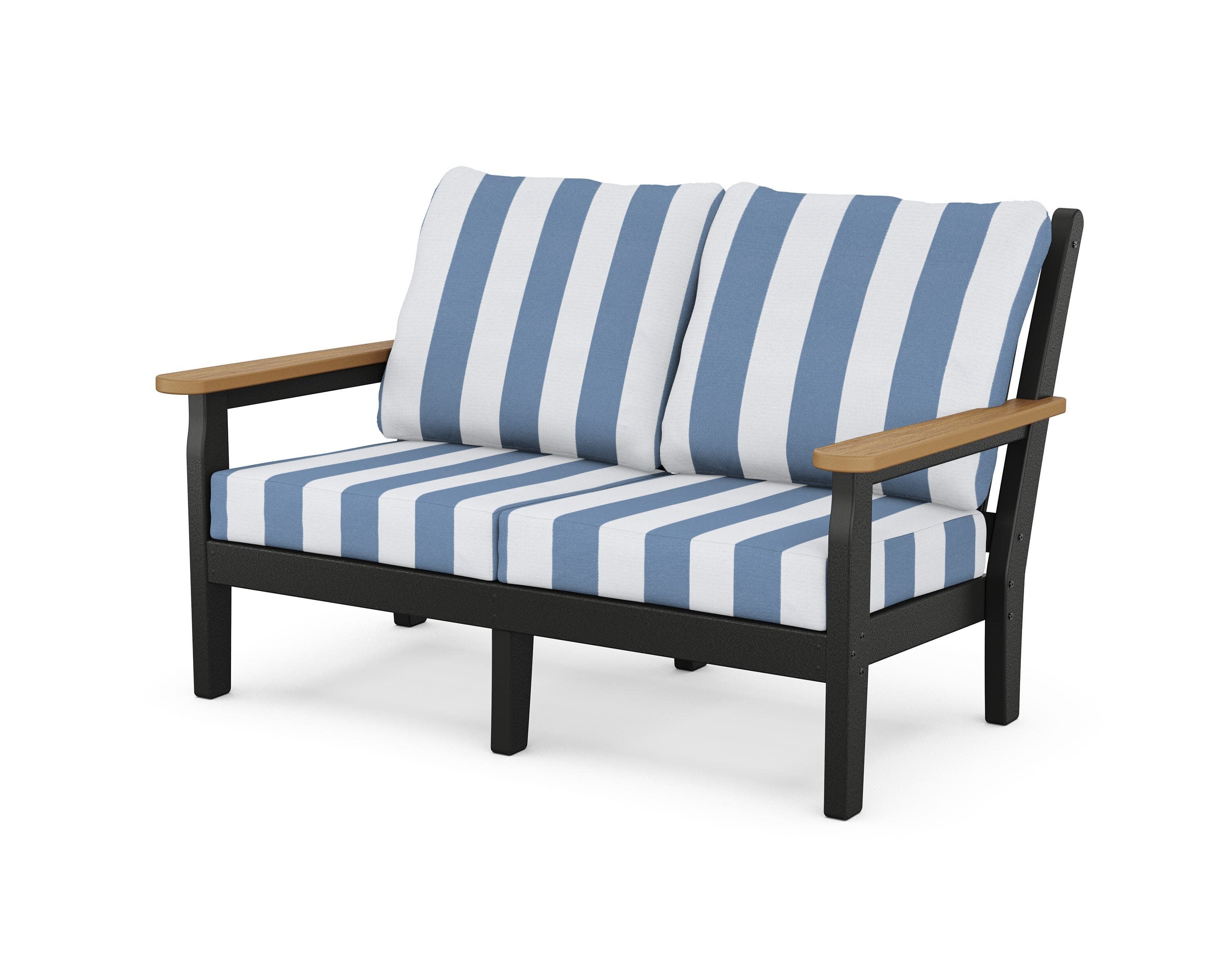 Chippendale Deep Seating Loveseat in Black / Natural / Cabana Stripe Sky Blue