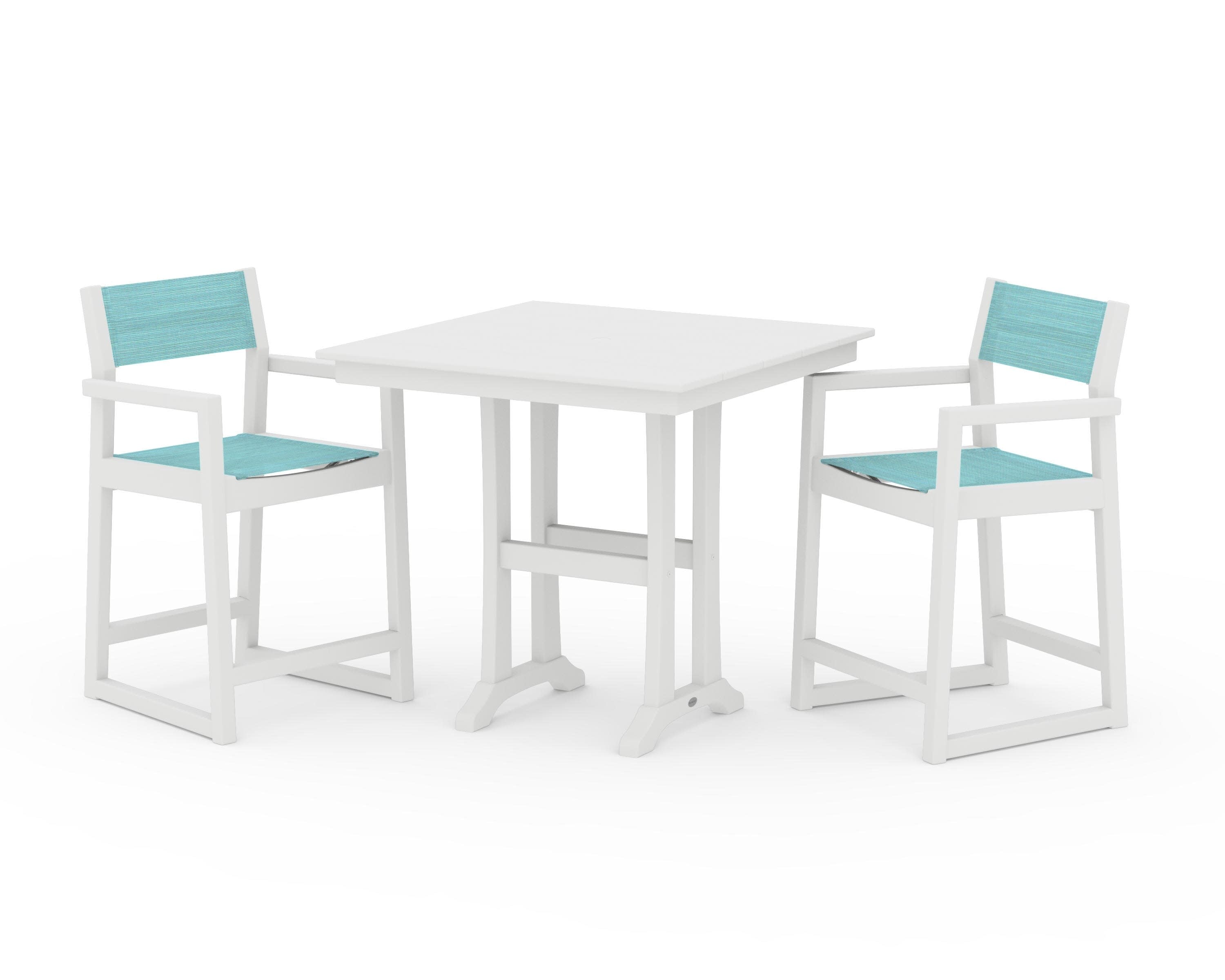 EDGE Sling Arm Chair 3-Piece Farmhouse Counter Set with Trestle Legs in White / Dupioni Aquamarine Sling