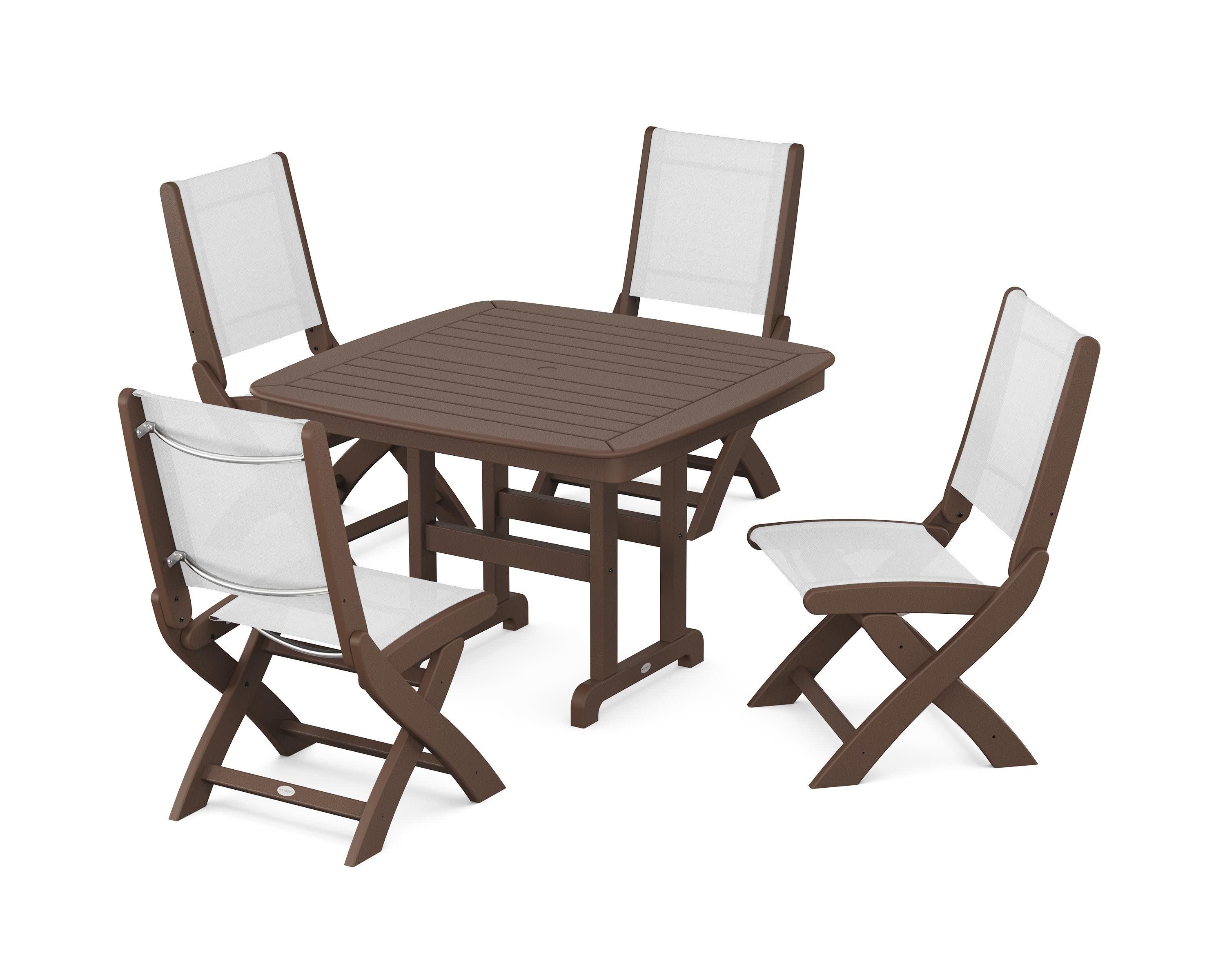 Coastal Folding Side Chair 5-Piece Dining Set in Mahogany / White Sling