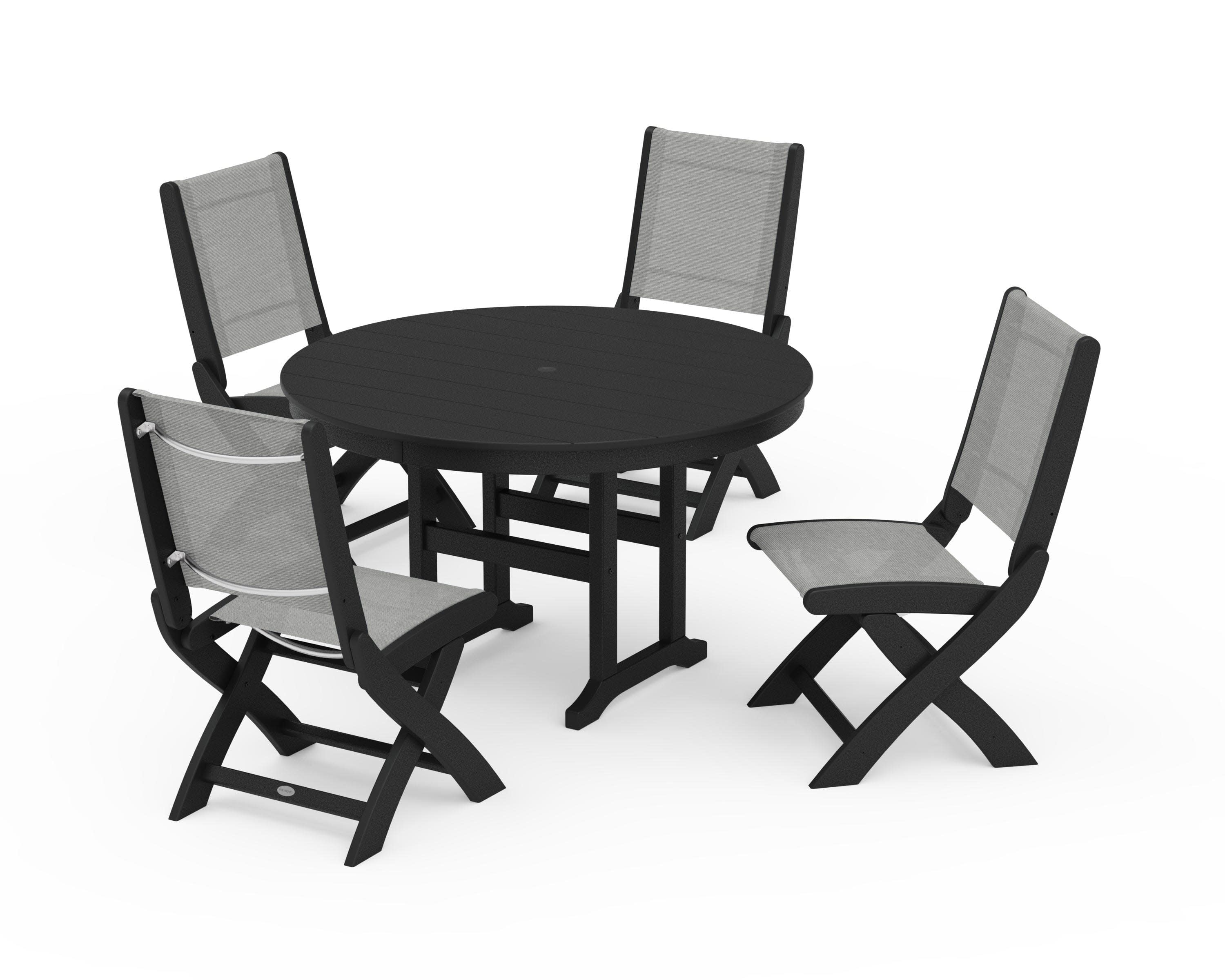 Coastal Folding Side Chair 5-Piece Round Dining Set in Black / Metallic Sling