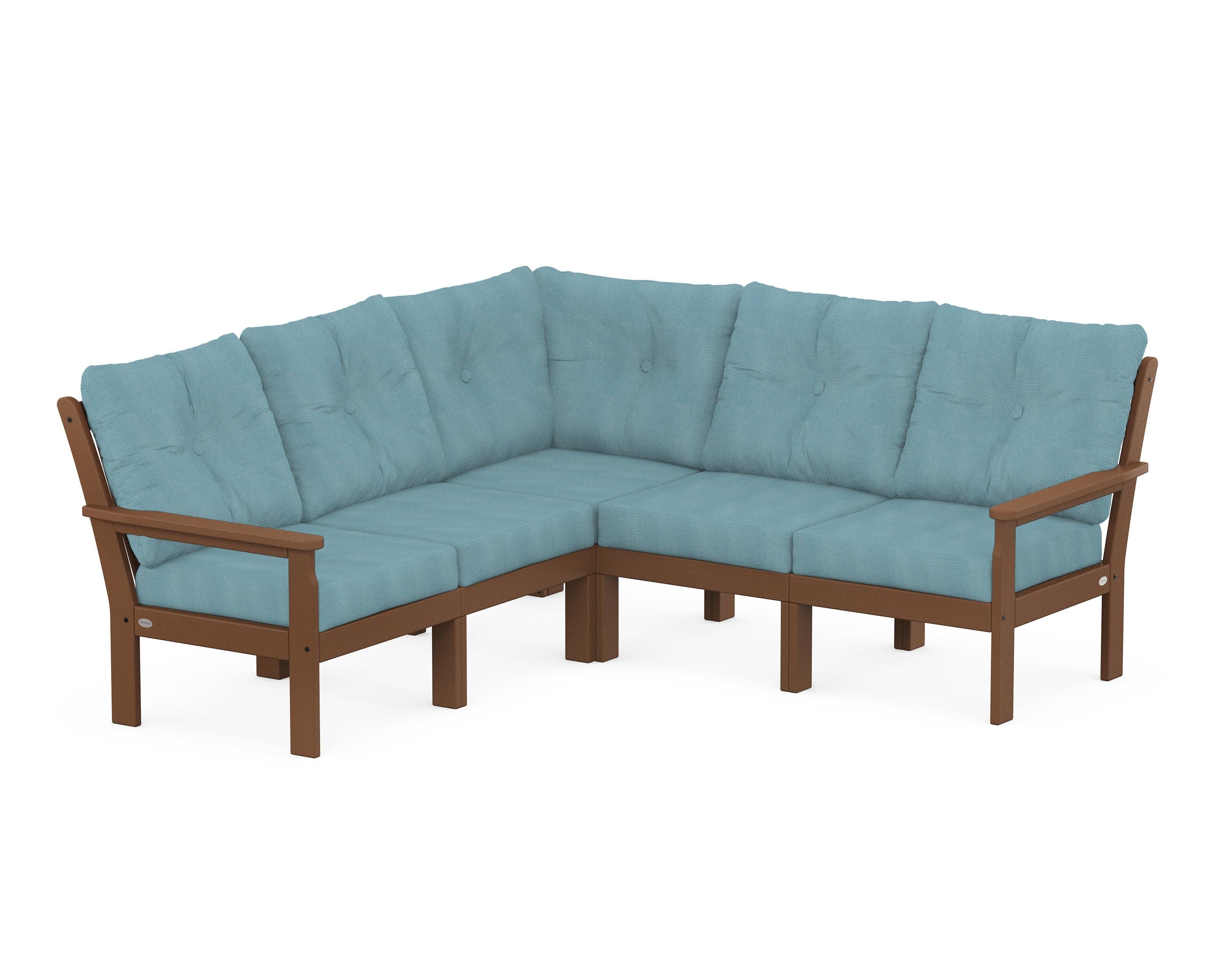 Vineyard 5-Piece Sectional in Teak / Lattice Sky Blue