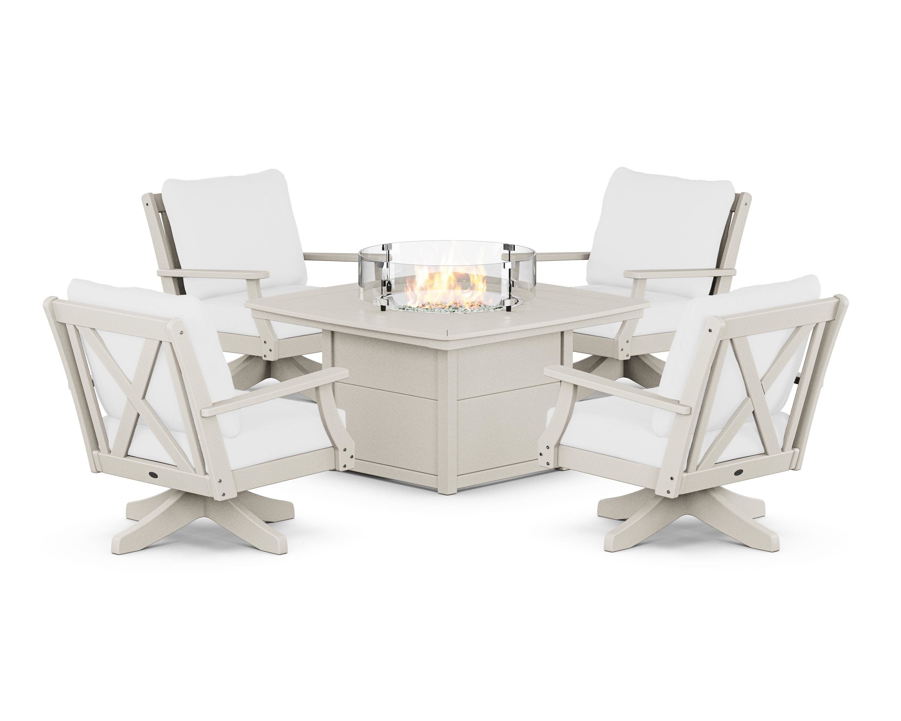 Braxton 5-Piece Deep Seating Swivel Conversation Set with Fire Pit Table in Sand / Natural