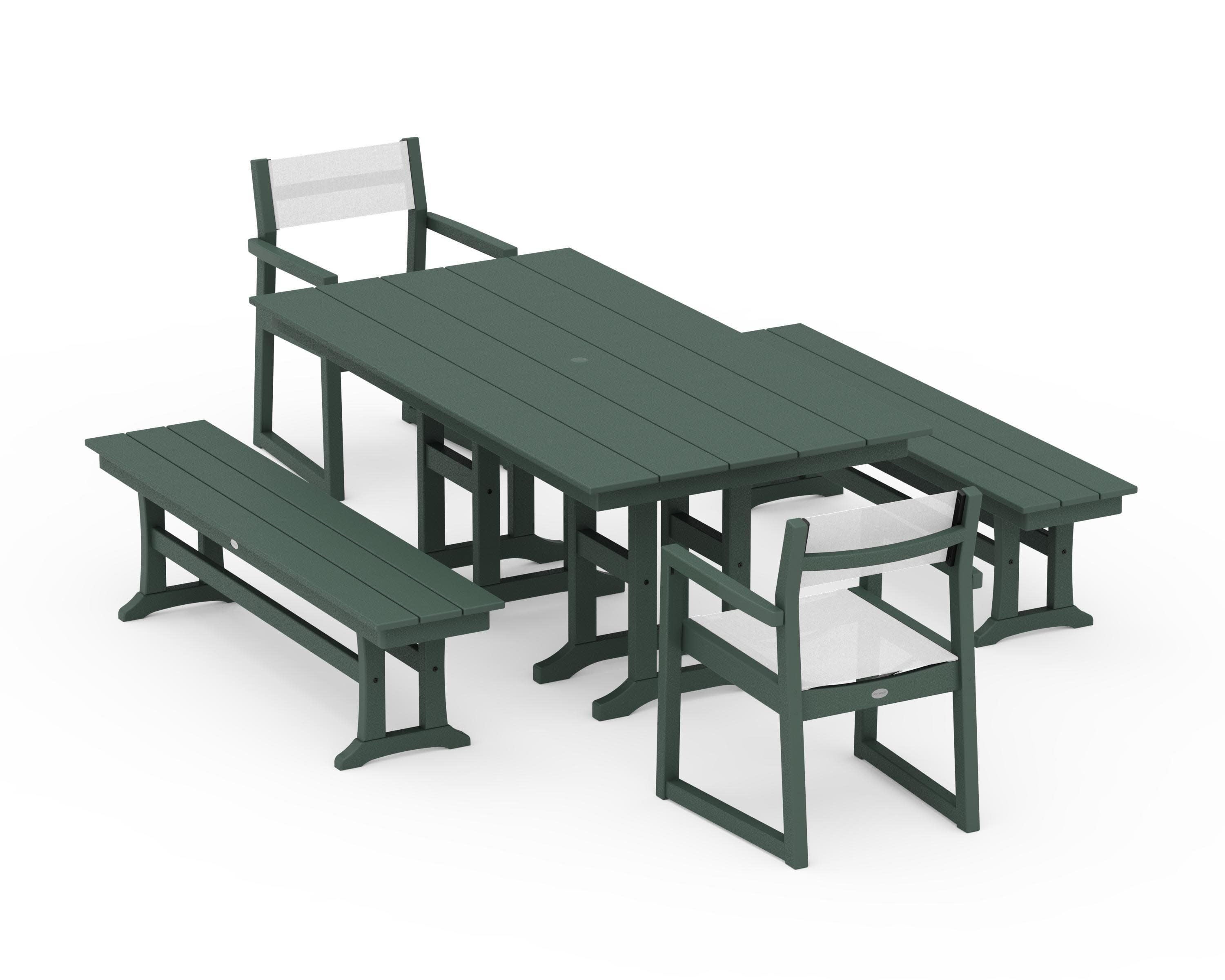EDGE Sling Arm Chair 5-Piece Farmhouse Dining Set with Benches in Green / White Sling