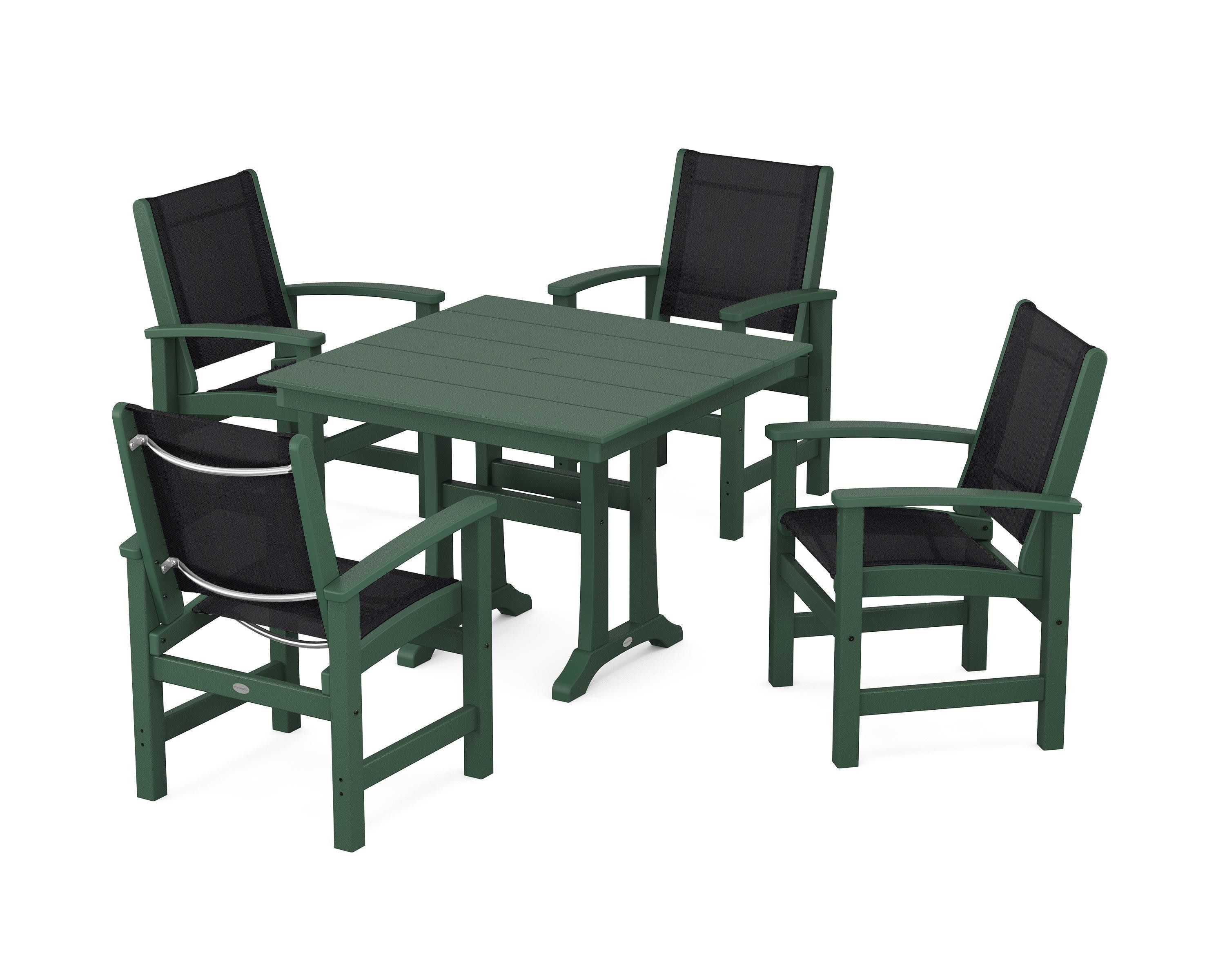 Coastal 5-Piece Farmhouse Dining Set With Trestle Legs in Green / Black Sling