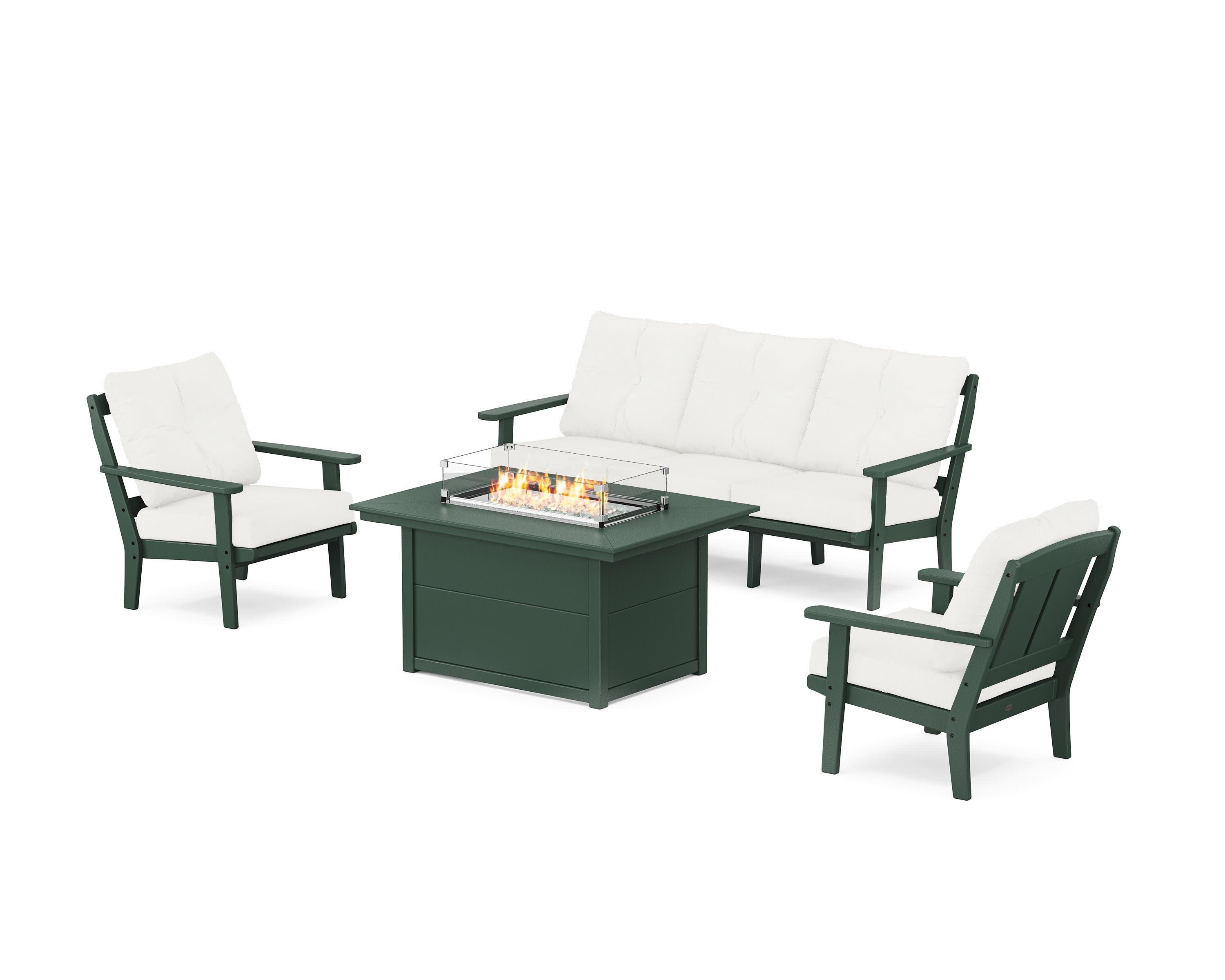 Mission Deep Seating Fire Pit Table Set in Green / Natural Linen