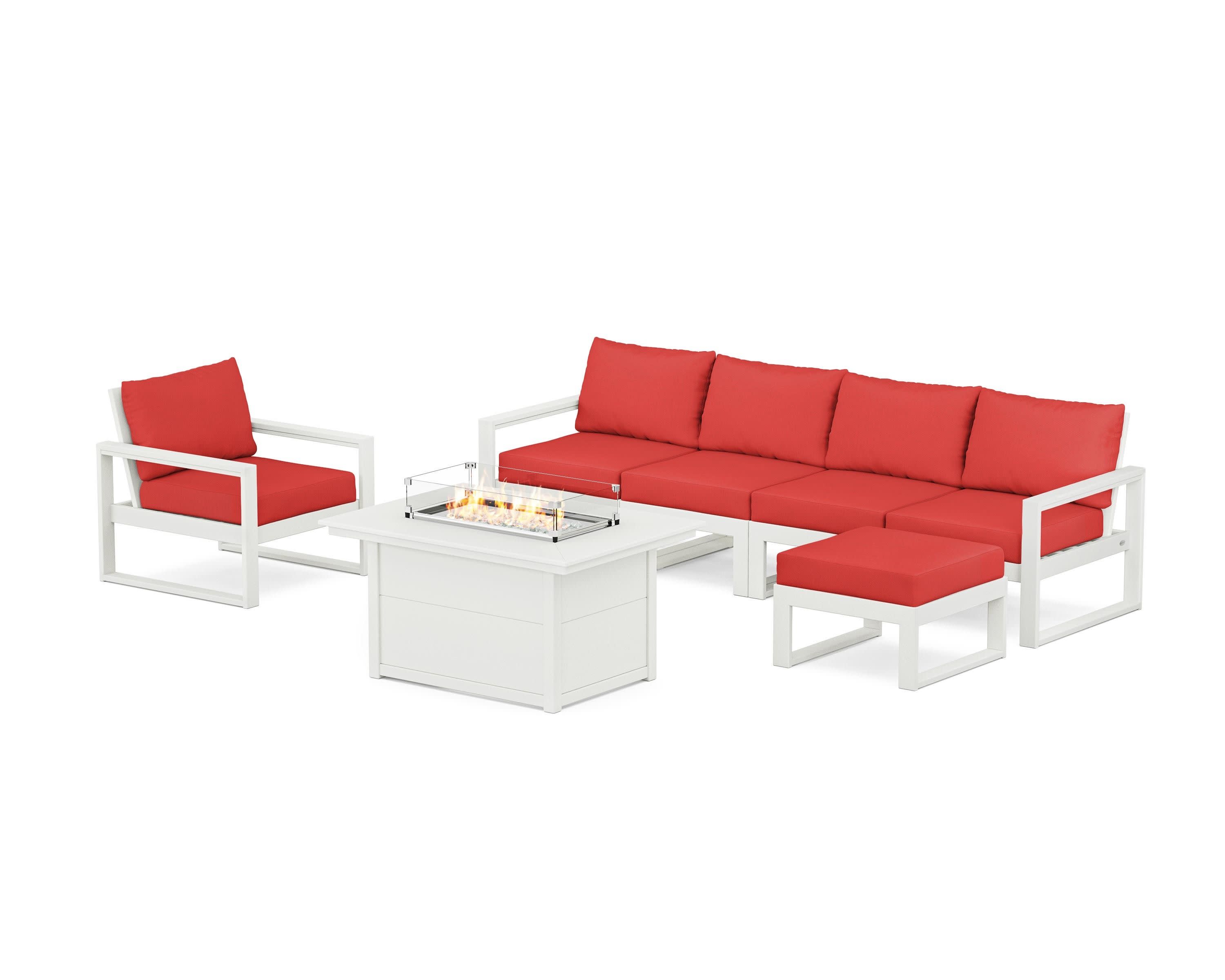 EDGE Sectional Lounge and Fire Pit Set in Vintage White / Crimson Linen