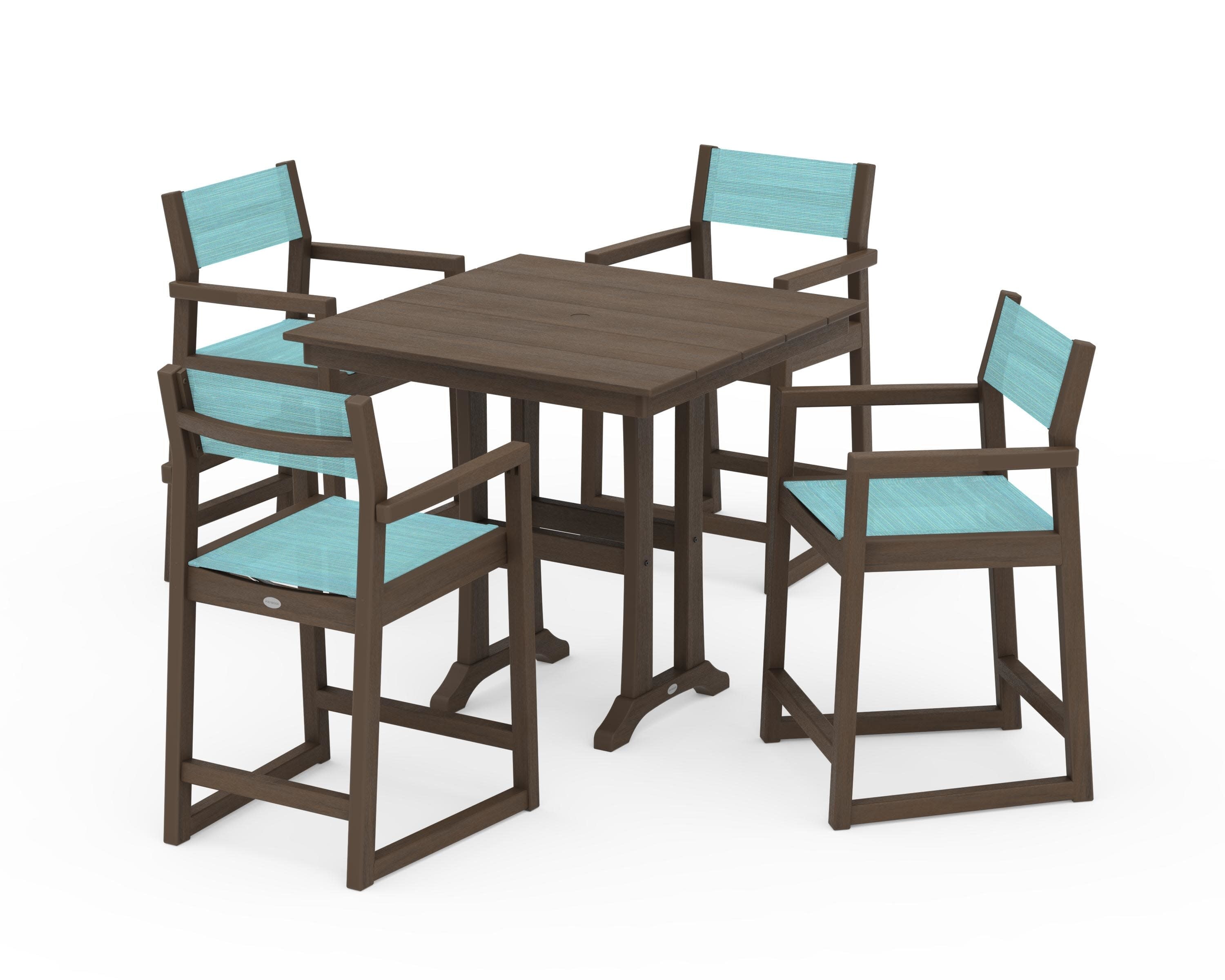 EDGE Sling Arm Chair 5-Piece Farmhouse Counter Set with Trestle Legs in Kona / Dupioni Aquamarine Sling
