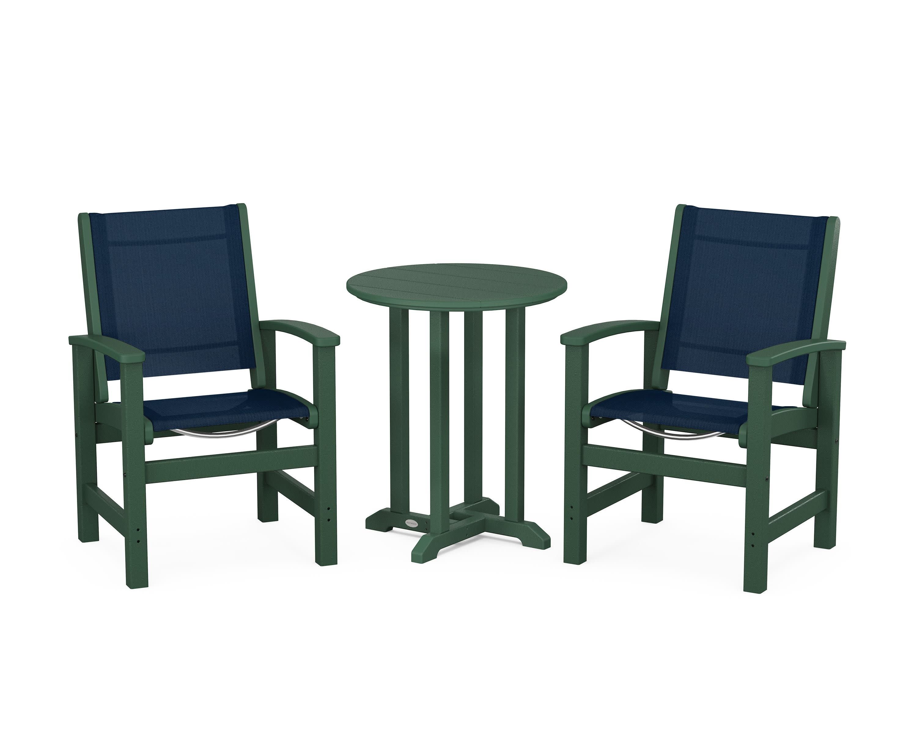Coastal 3-Piece Round Bistro Dining Set in Green / Navy Blue Sling