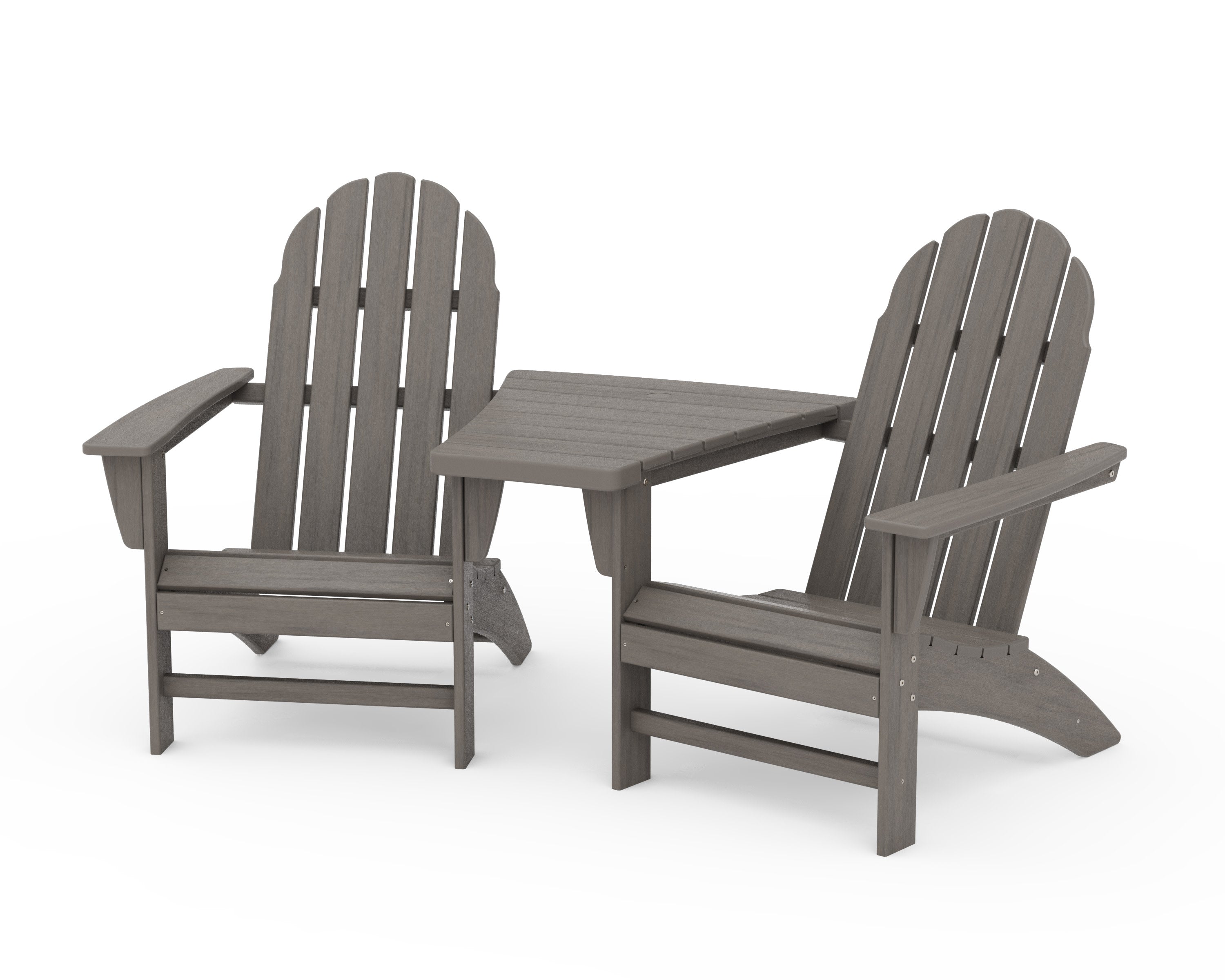 Vineyard 3-Piece Adirondack Set with Angled Connecting Table in Driftwood
