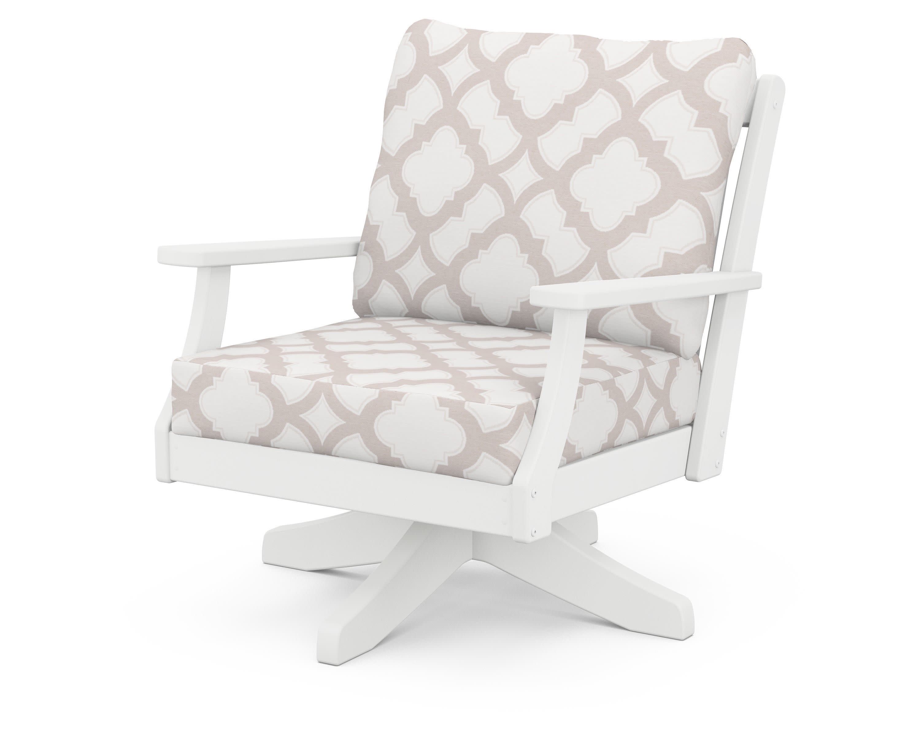 Braxton Deep Seating Swivel Chair in White / Trellis Dune Burlap