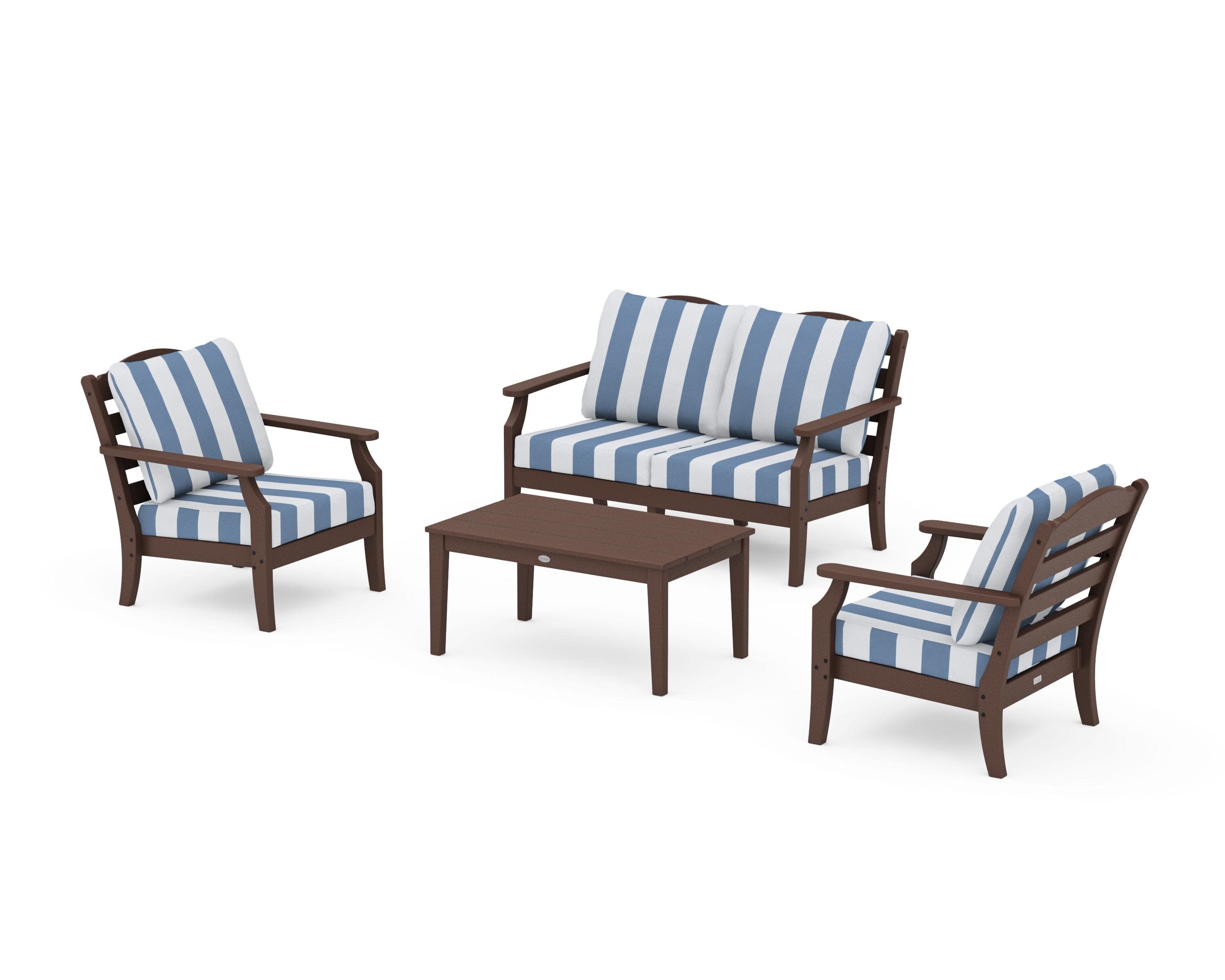 Savannah 4-Piece Deep Seating Set with Loveseat in Mahogany / Cabana Stripe Sky Blue
