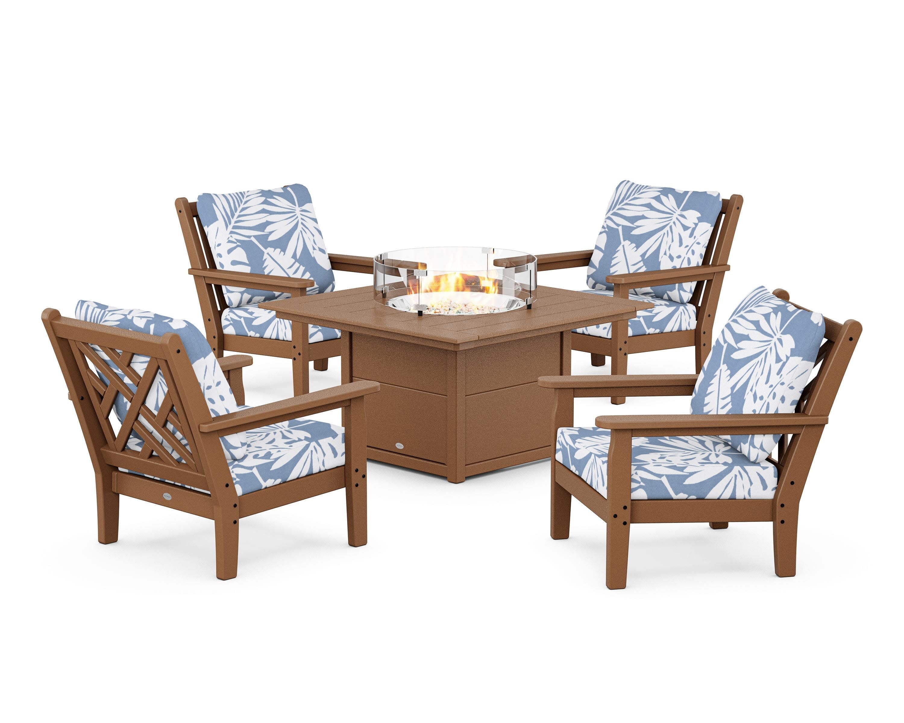 Chippendale 5-Piece Deep Seating Set with Fire Pit Table in Teak / Leaf Sky Blue