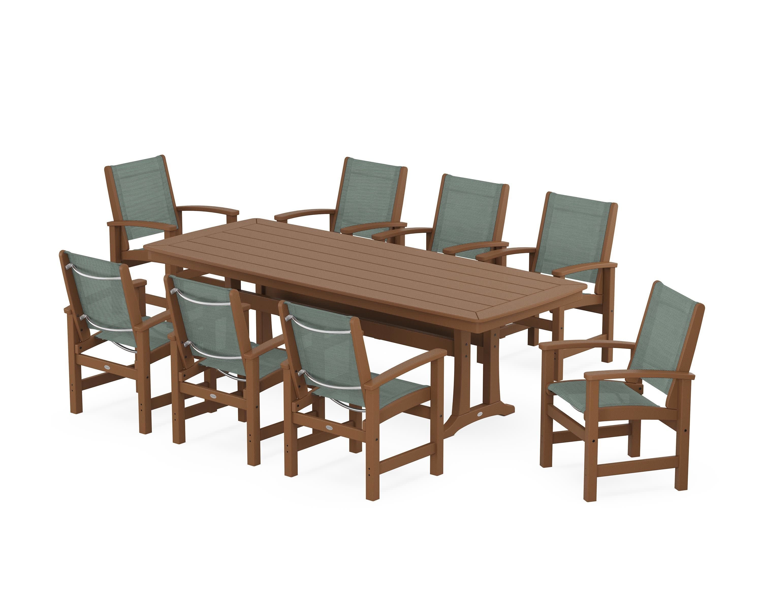 Coastal 9-Piece Dining Set with Trestle Legs in Teak / Dupioni Sea Mist Sling