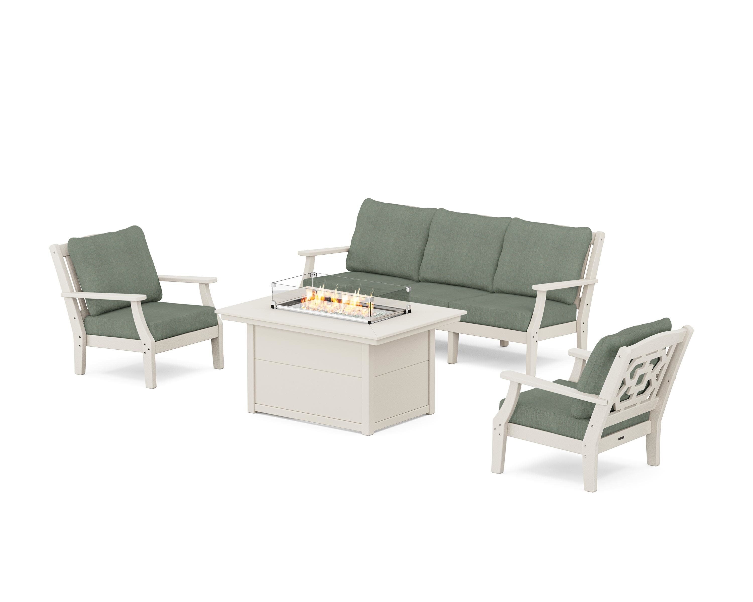 Chinoiserie Deep Seating Fire Pit Table Set in Sand / Cast Sage