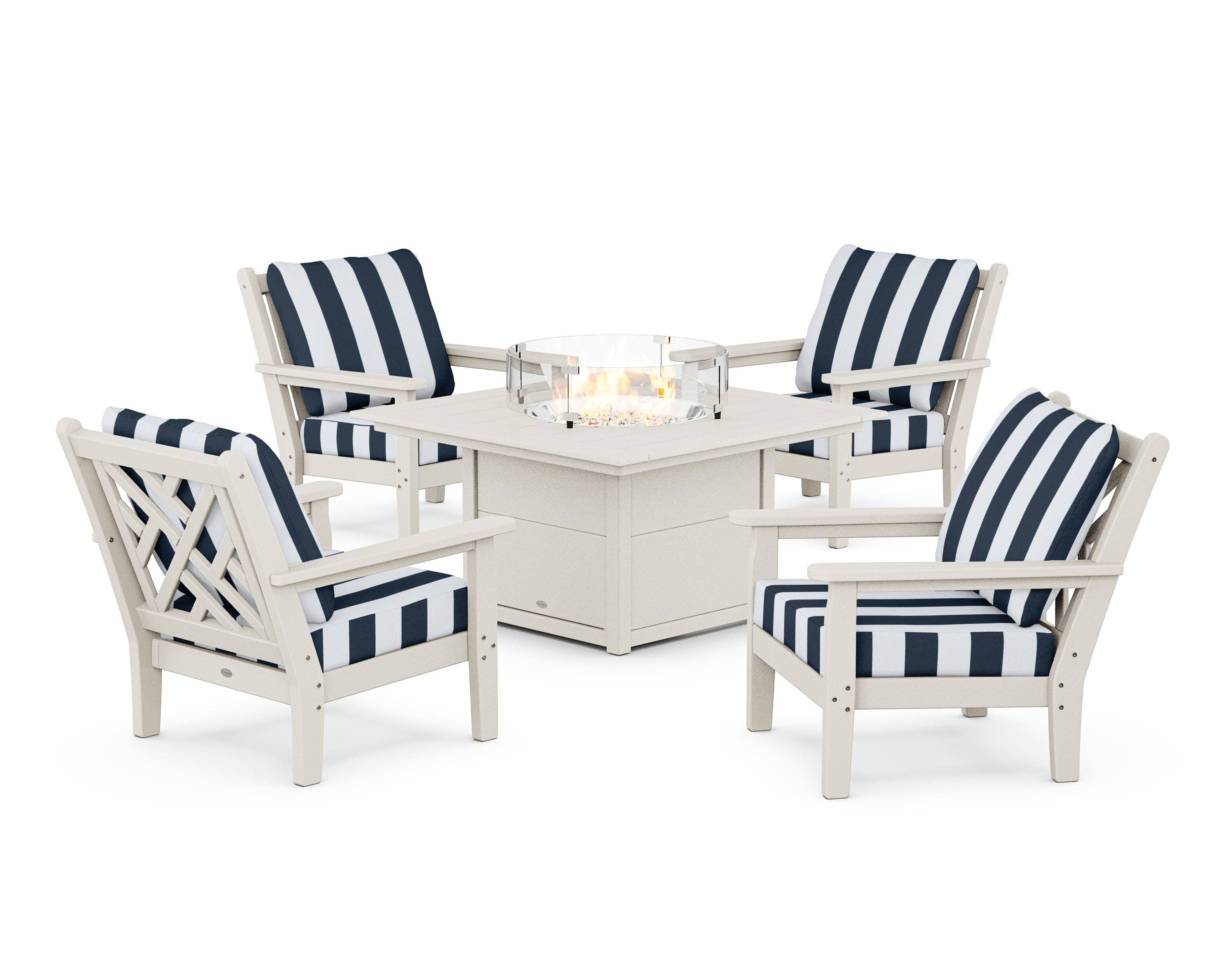 Chippendale 5-Piece Deep Seating Set with Fire Pit Table in Sand / Cabana Stripe Marine Indigo