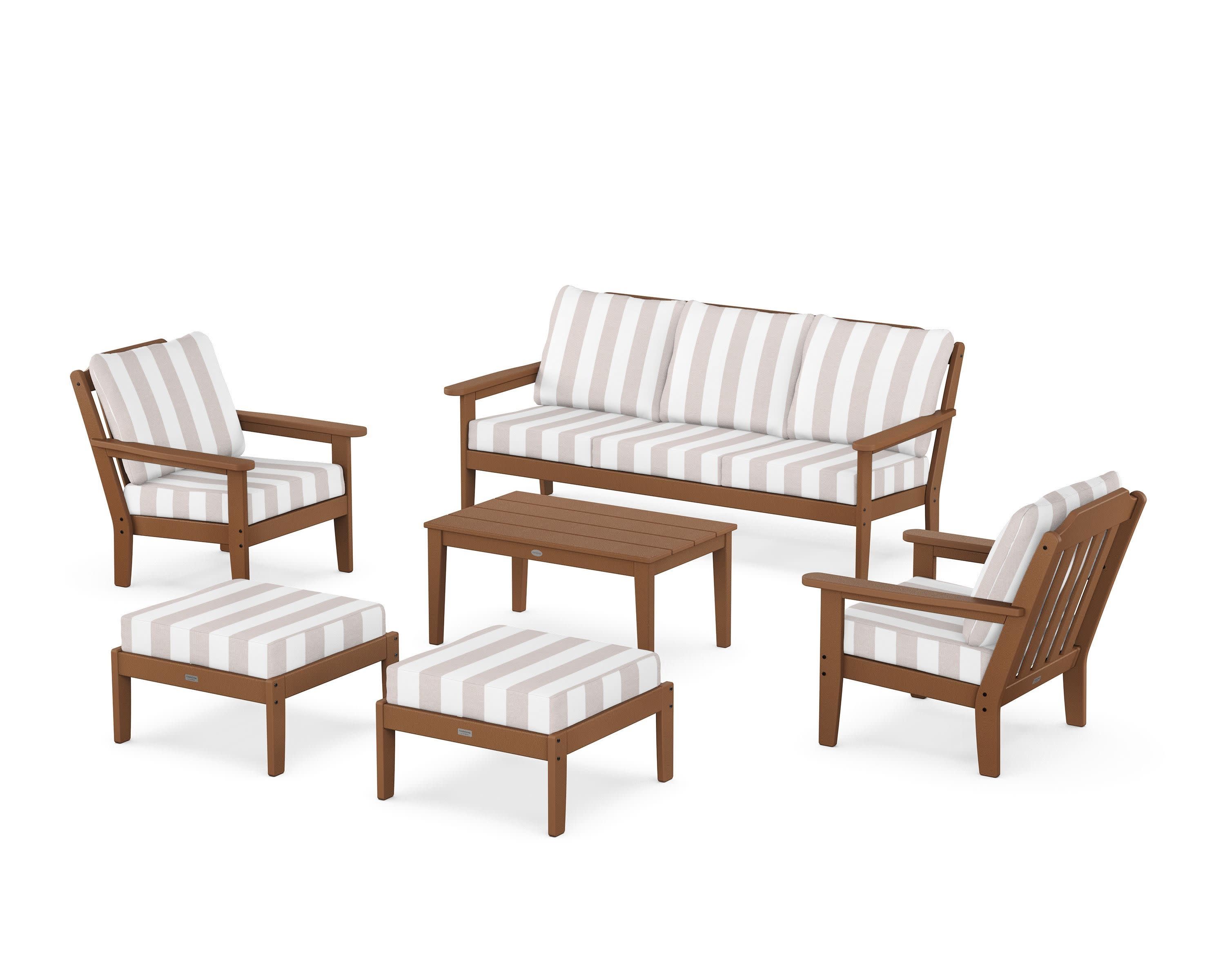 Cottage 6-Piece Lounge Sofa Set in Teak / Cabana Stripe Dune Burlap