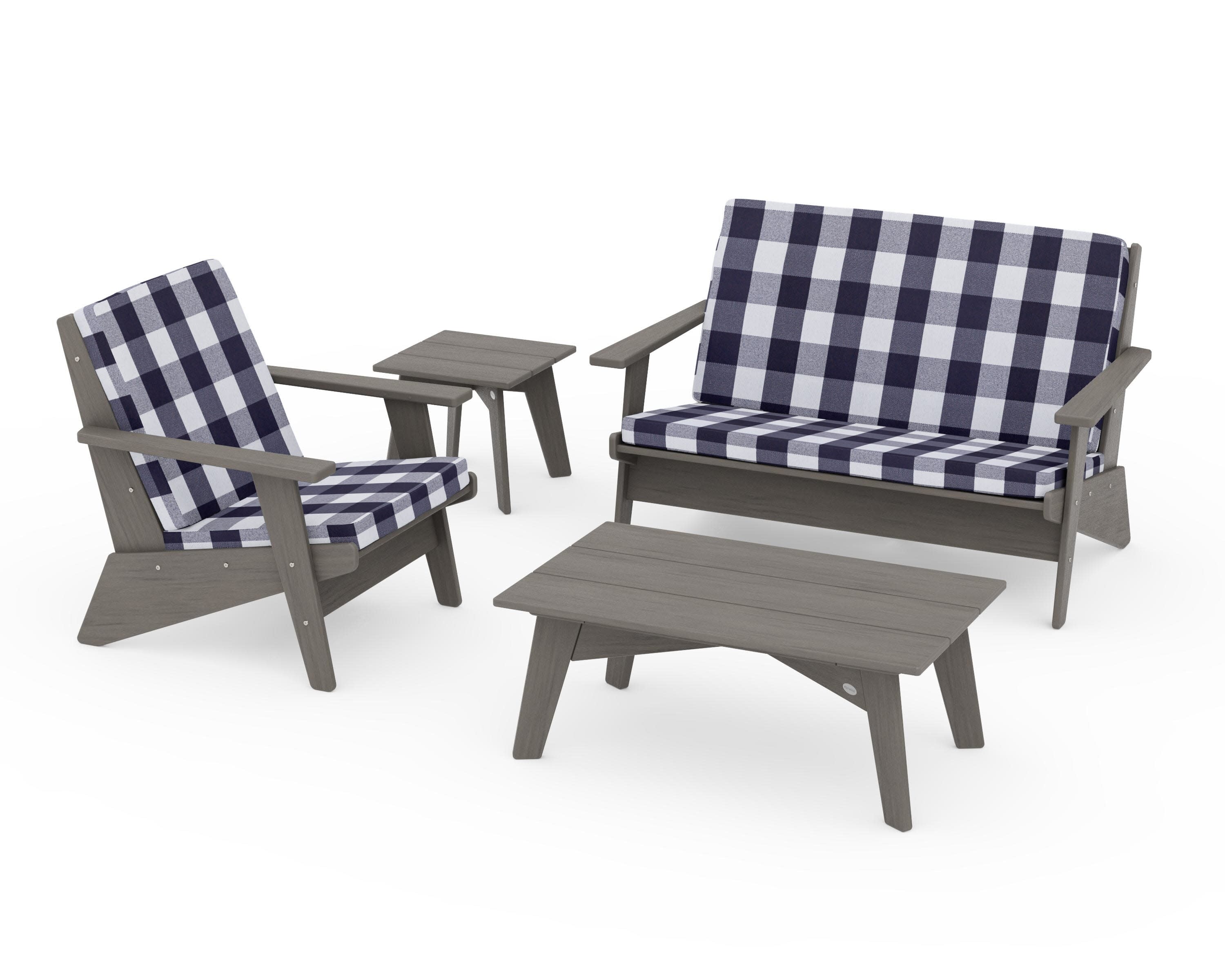 Riviera Modern Lounge 4-Piece Set in Driftwood / Buffalo Plaid Navy