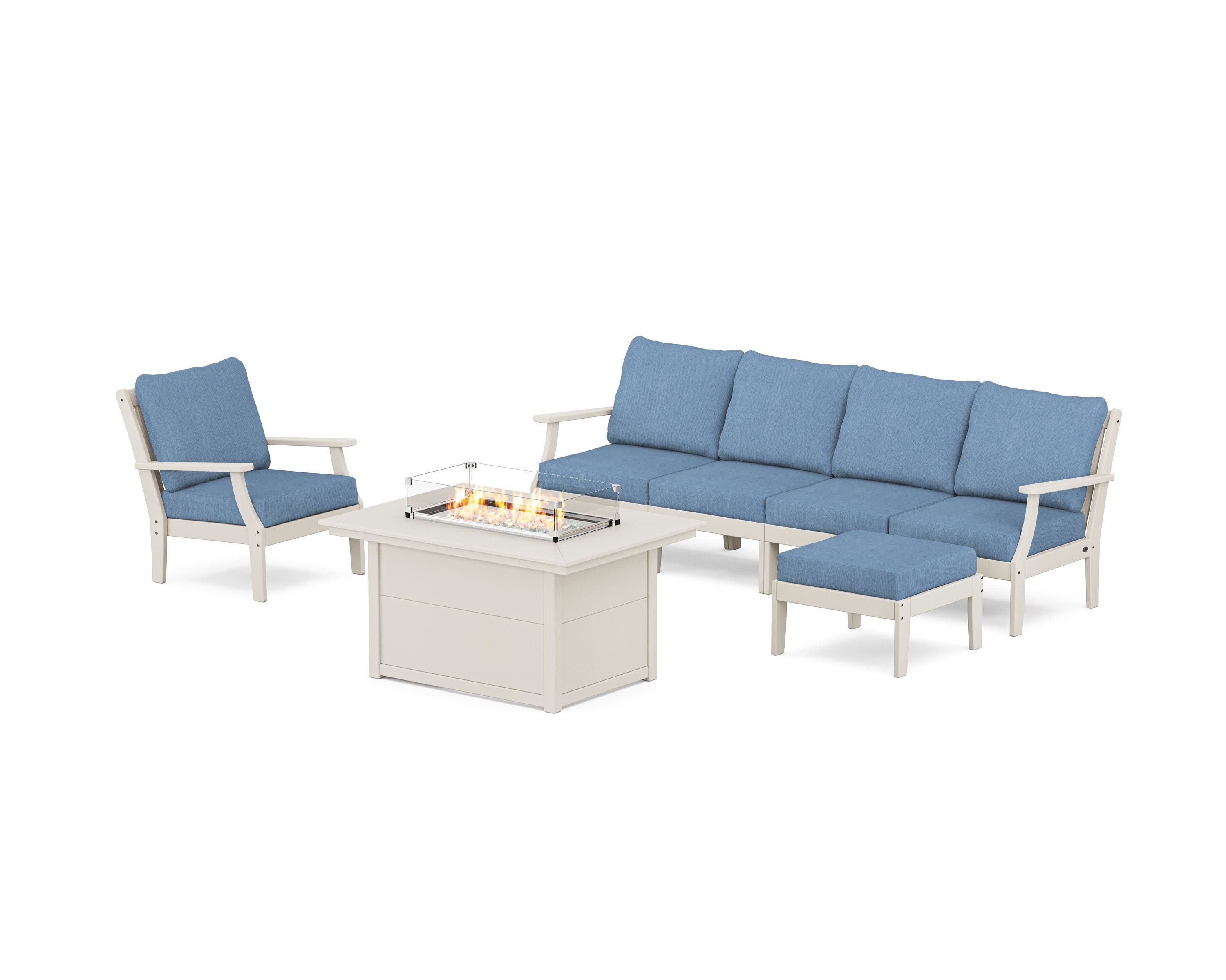 Braxton Sectional Lounge and Fire Pit Set in Sand / Sky Blue