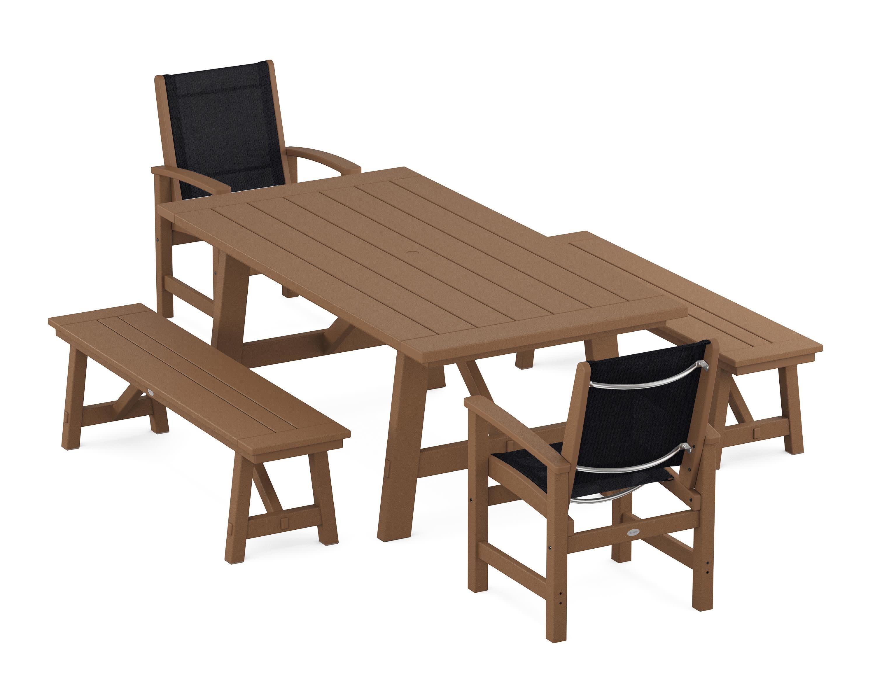 Coastal 5-Piece Rustic Farmhouse Dining Set With Benches in Teak / Black Sling