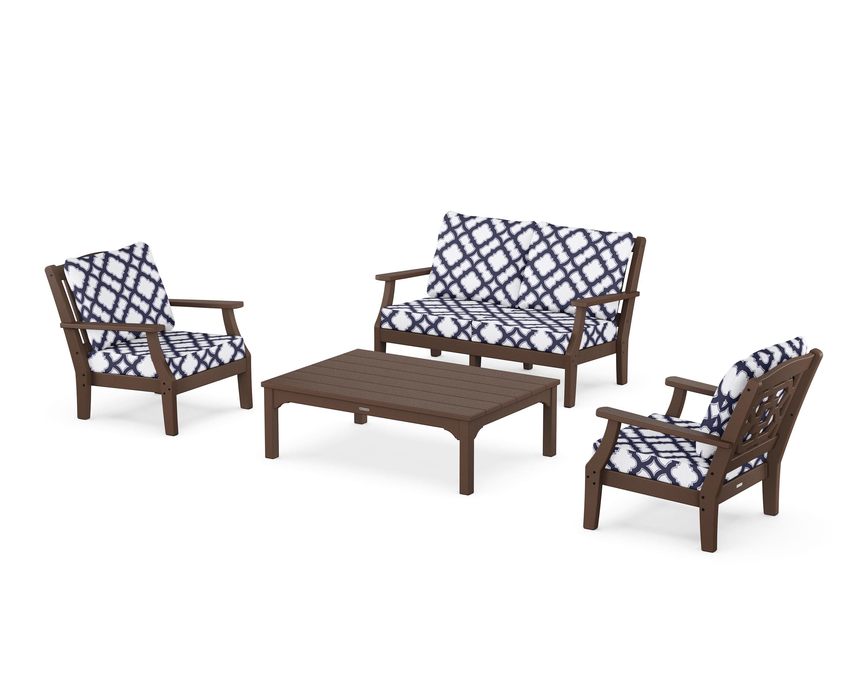 Chinoiserie 4-Piece Deep Seating Set with Loveseat in Mahogany / Trellis Navy