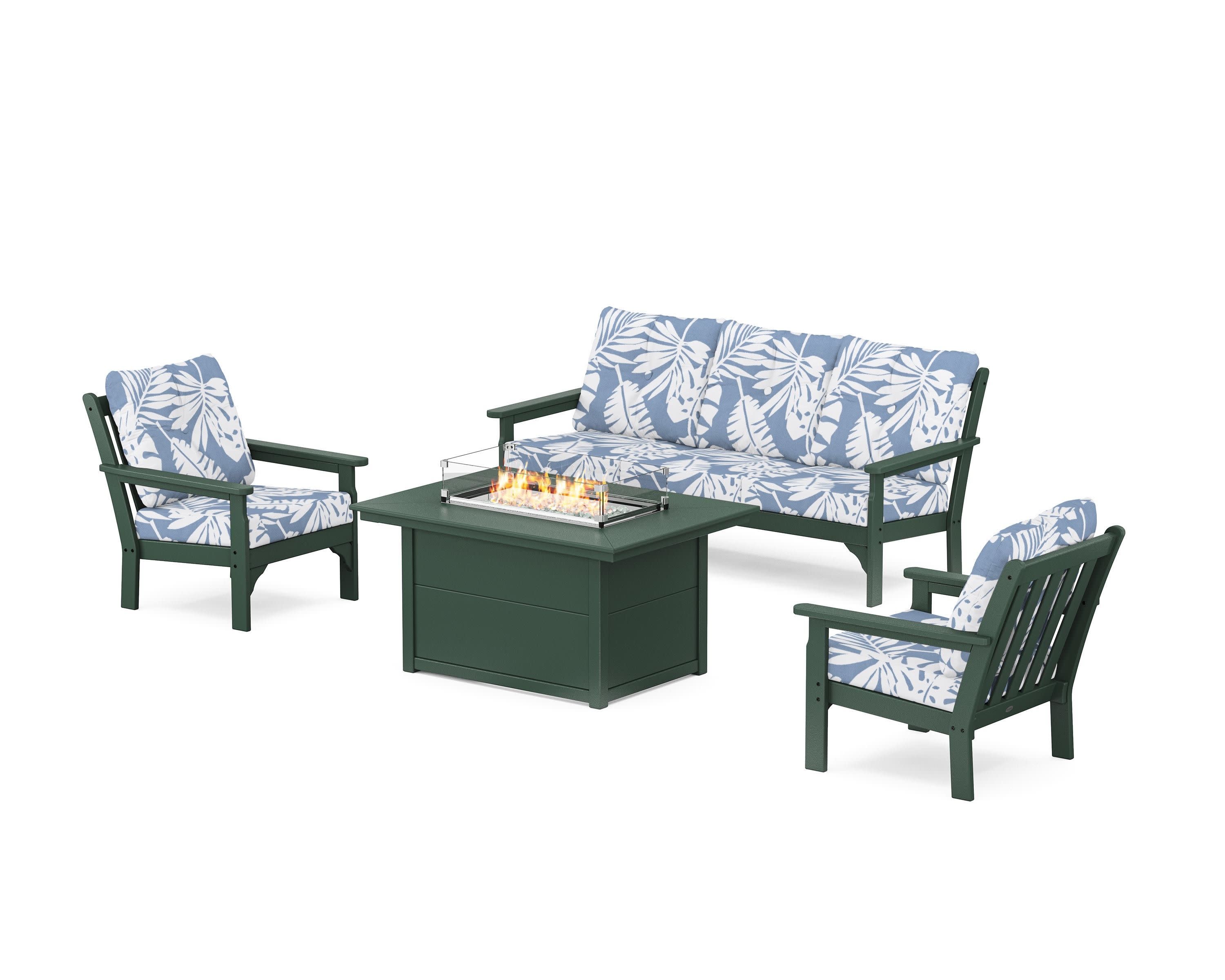 Vineyard Deep Seating Fire Pit Table Set in Green / Leaf Sky Blue