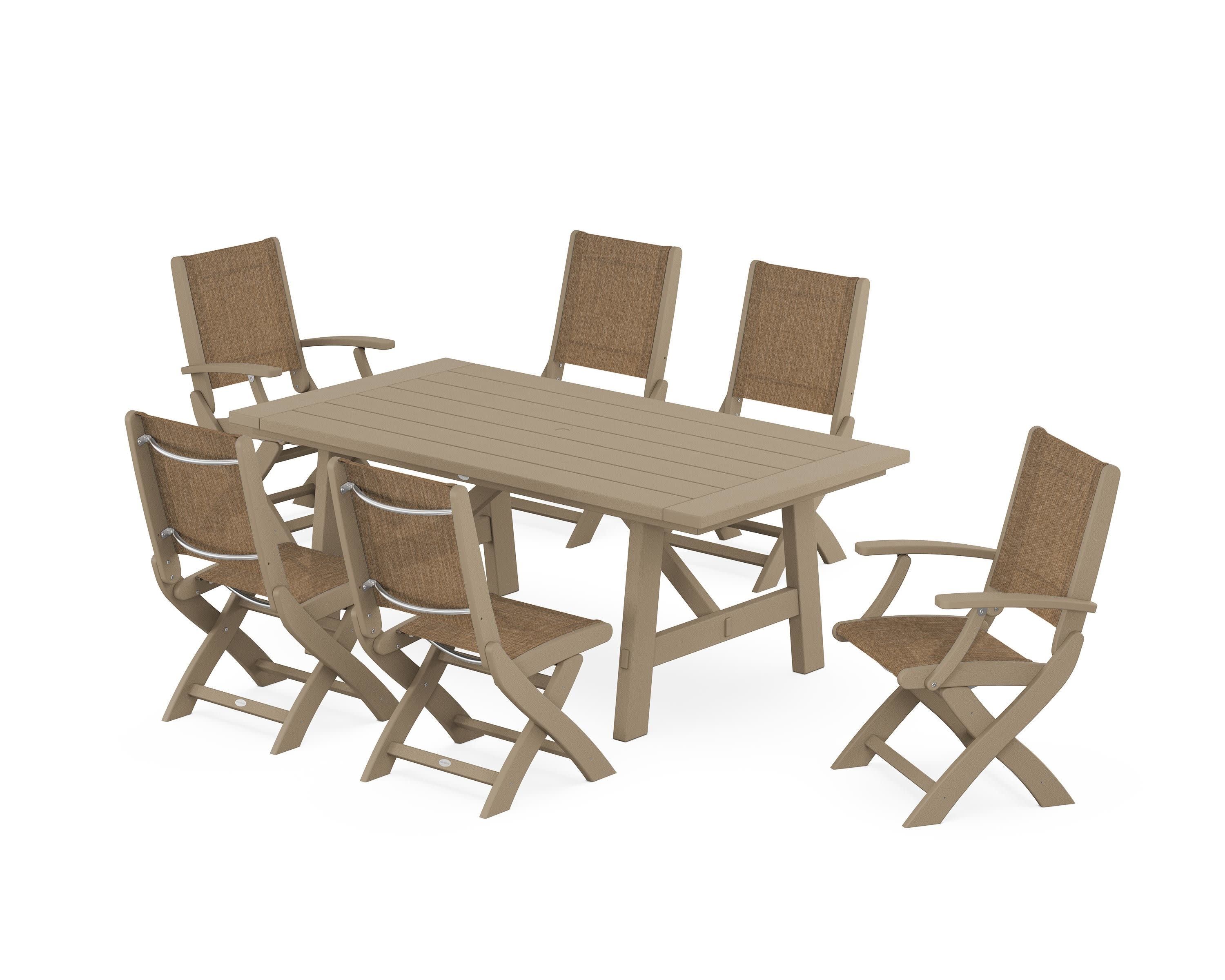 Coastal Folding Chair 7-Piece Rustic Farmhouse Dining Set in Vintage Sahara / Burlap Sling