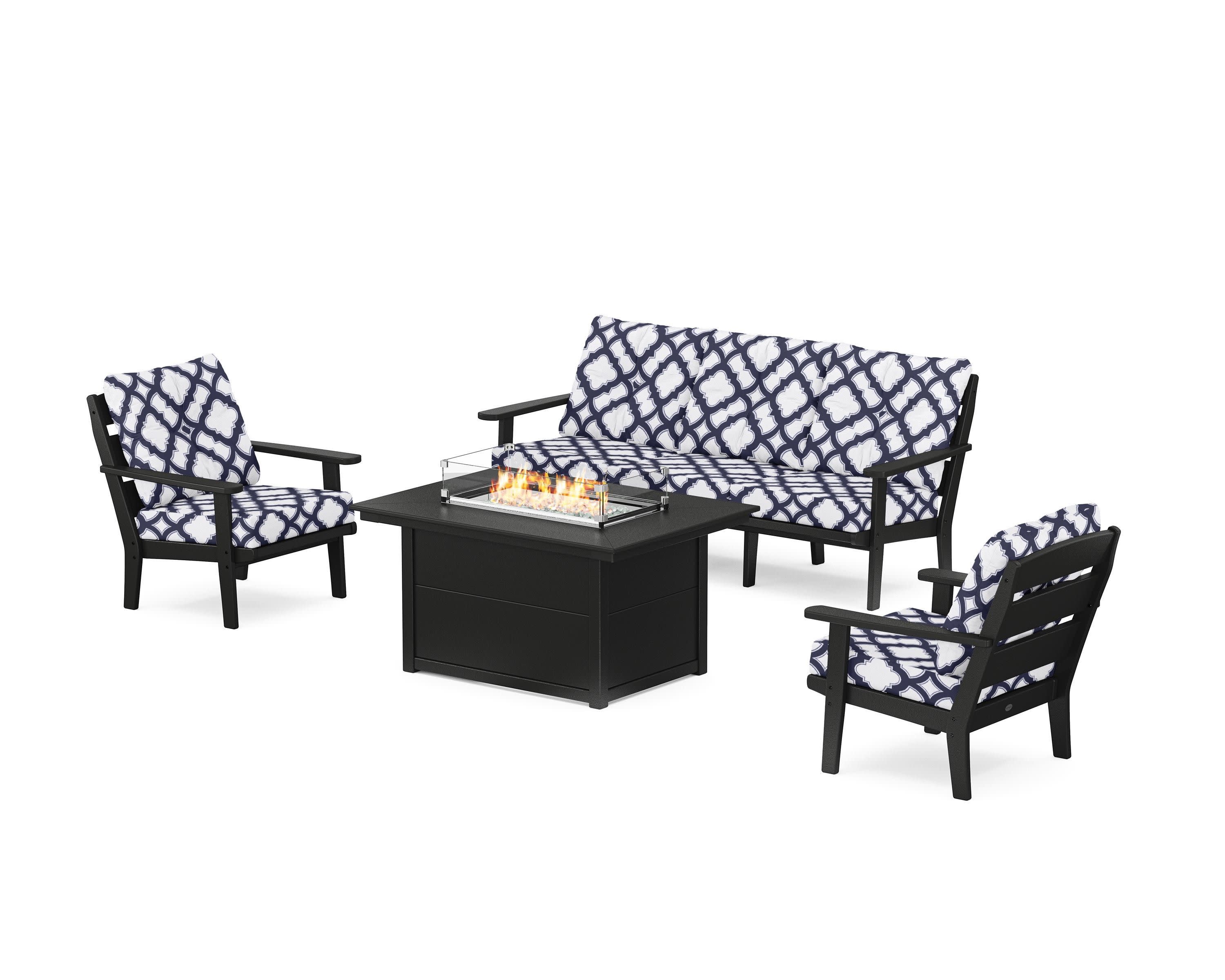 Lakeside Deep Seating Fire Pit Table Set in Black / Trellis Navy